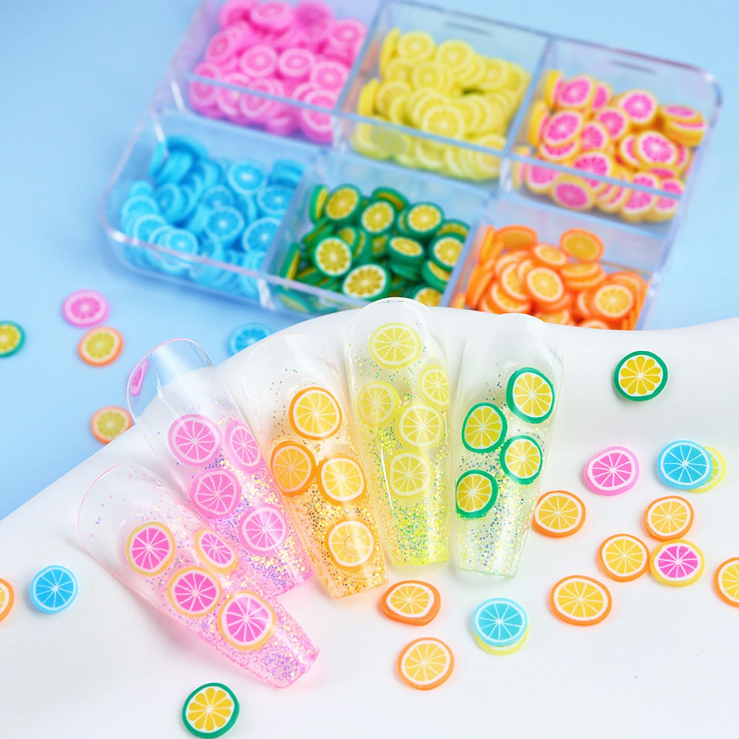 Close up of 3D lemon and orange clay slices for nail art