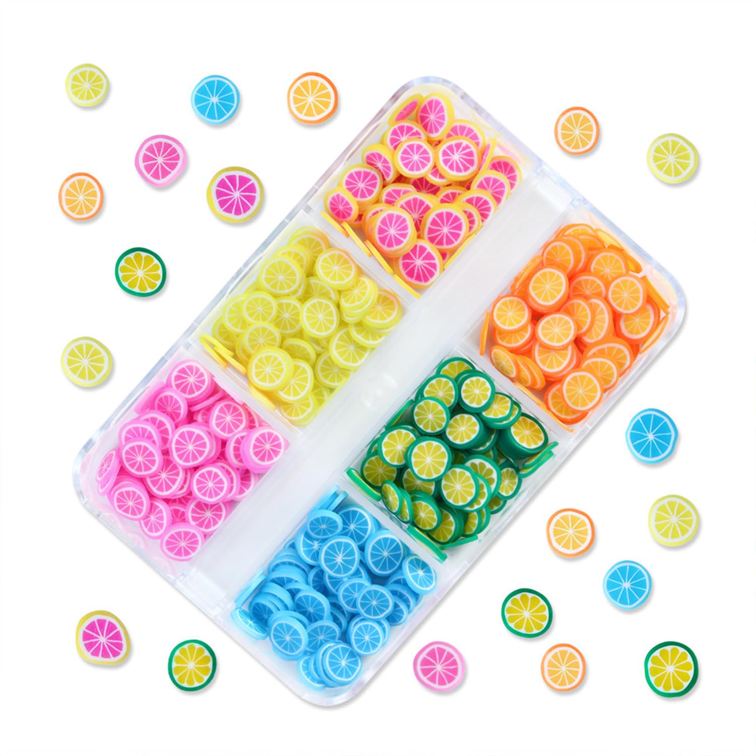 Collection of colorful pomelo and citrus polymer clay nail decorations
