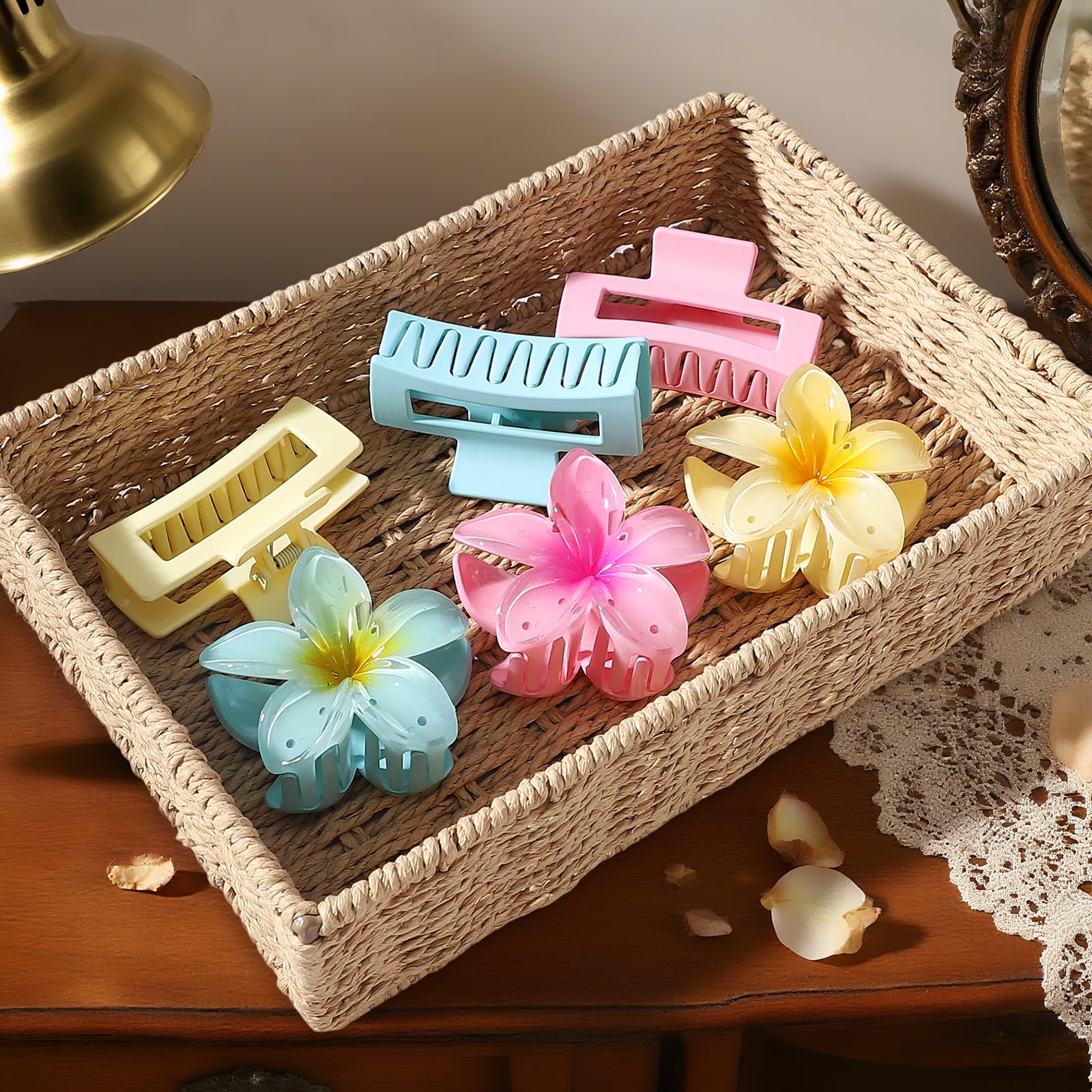 Close up of pink hibiscus floral hair claw clip