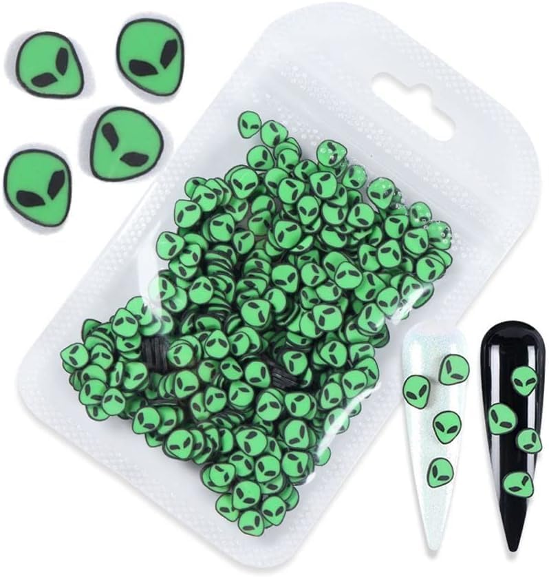 Close up of vibrant green alien shaped clay flakes for DIY crafts
