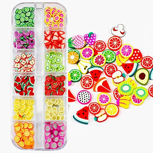 Close up of 3D polymer clay fruit slices including miniature watermelon and kiwi shapes for manicures
