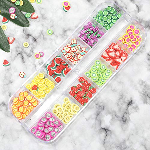 Hand adding miniature CHANGAR strawberry and lemon fimo slices into clear crunchy slime mixture