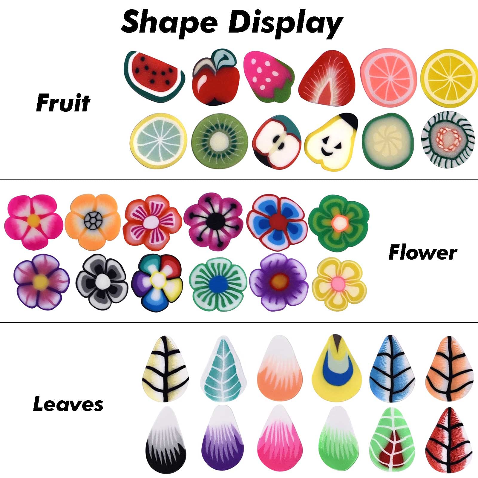 Assorted miniature polymer fruit and flower slices spread out for detailed nail art inspiration.