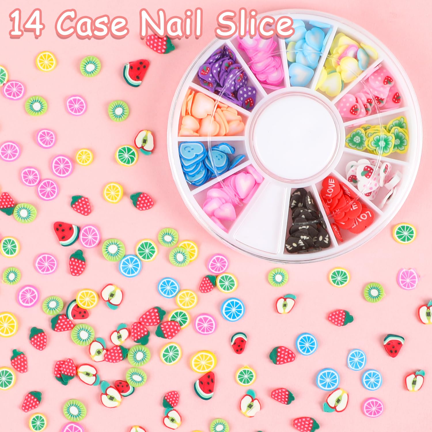 Close up view of miniature three dimensional fruit slices measuring three to five millimeters for detailed fingernail decoration