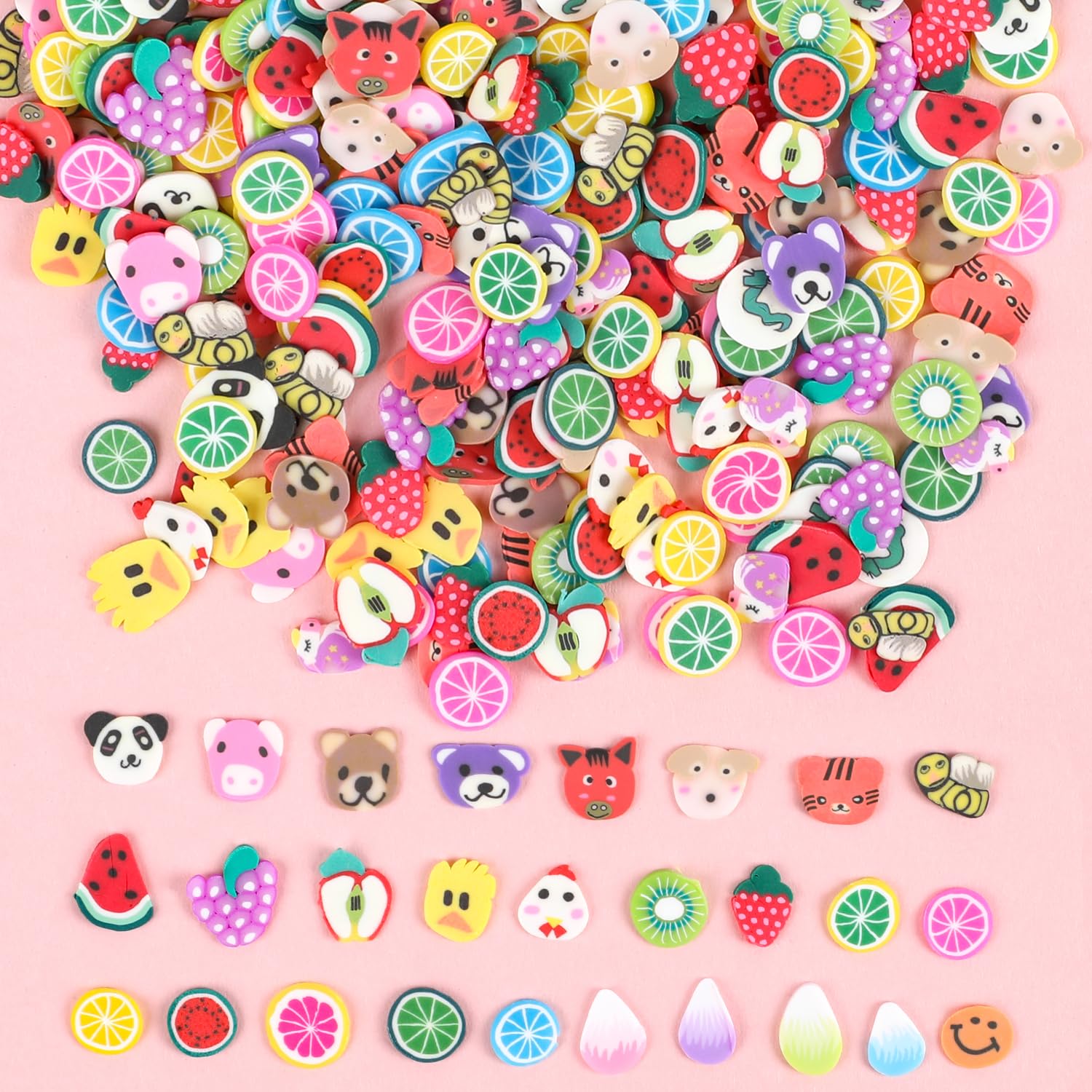 Assorted DECORA soft clay nail decorations mixed into clear handmade slime showing vibrant color payoff and texture variety
