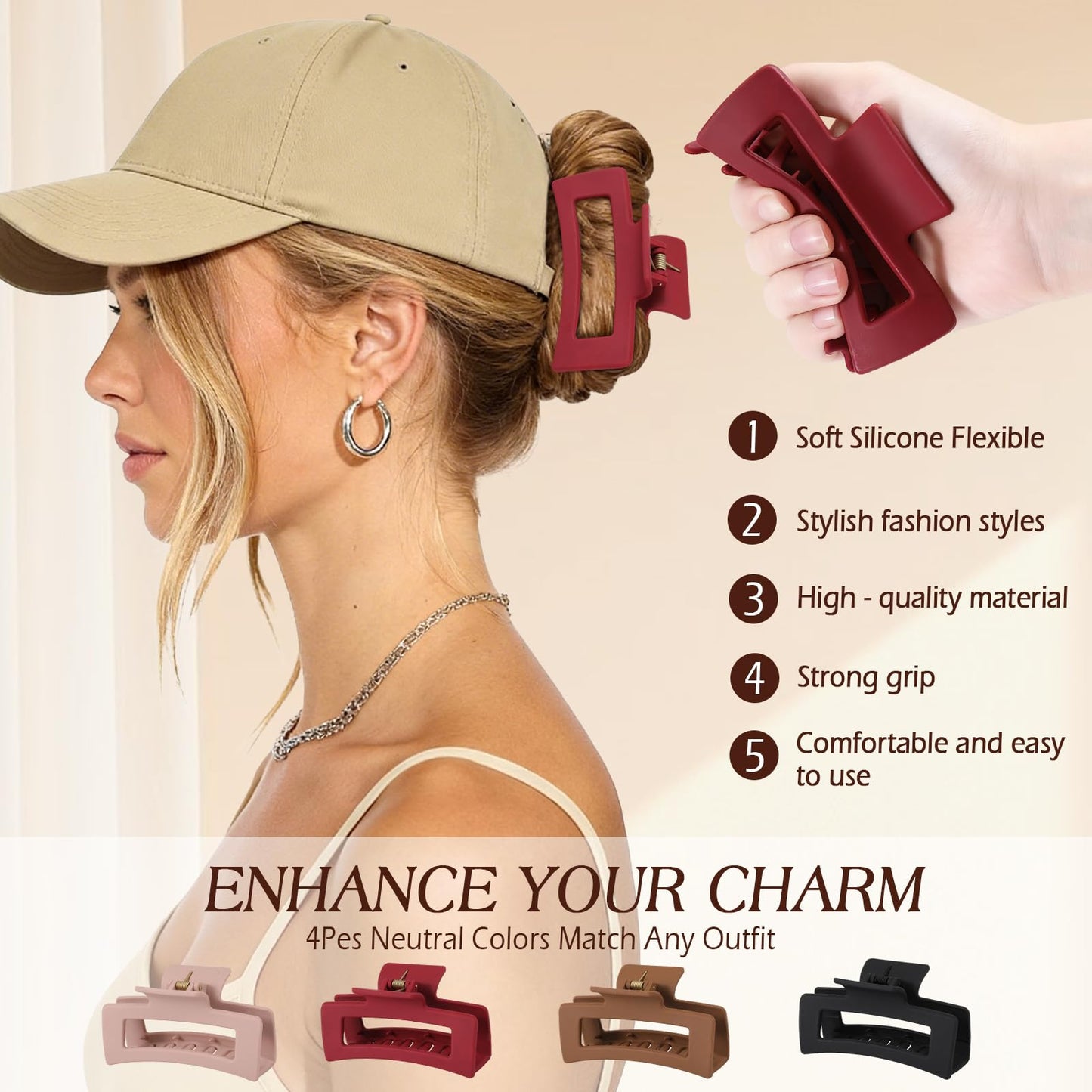 Matte finish rectangular hair claw clips for thick hair