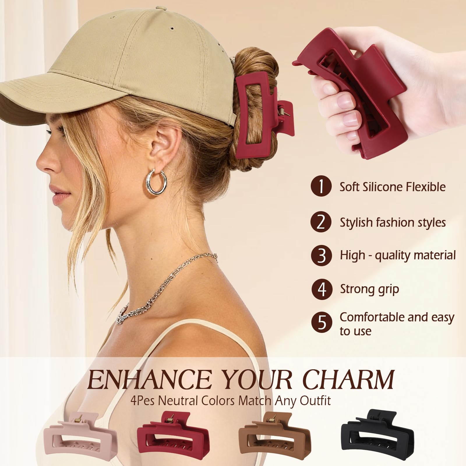 Matte finish rectangular hair claw clips for thick hair