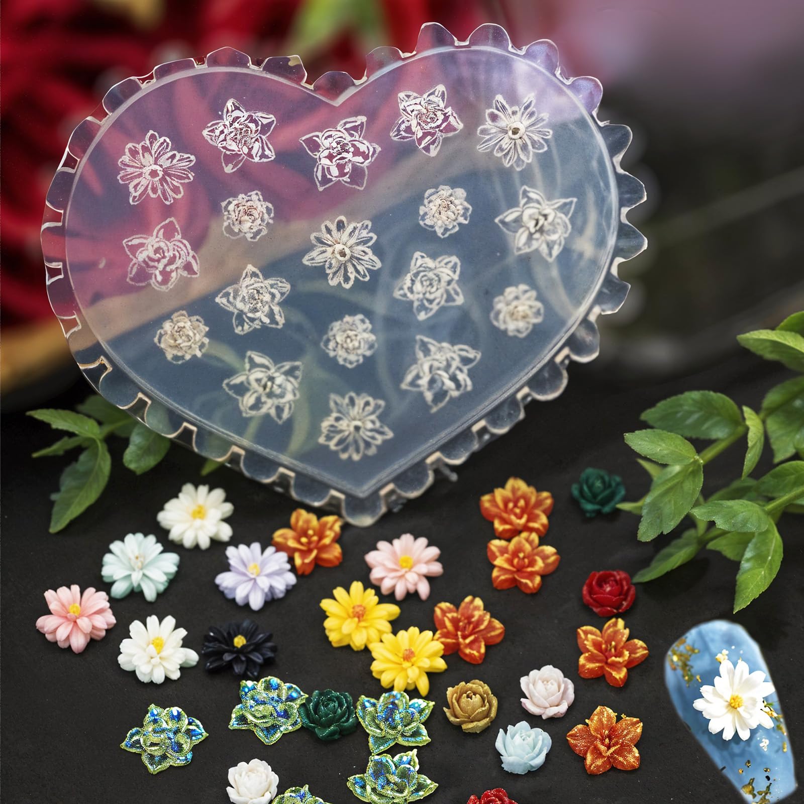 Close up of 3D flower charms made with silicone nail mold