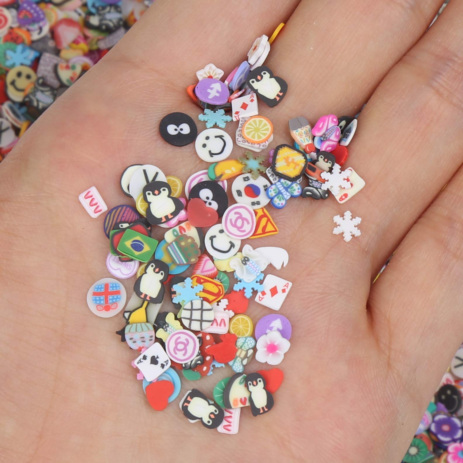 DIYASY polymer clay slices mixed into clear slime as colorful texture fillers.