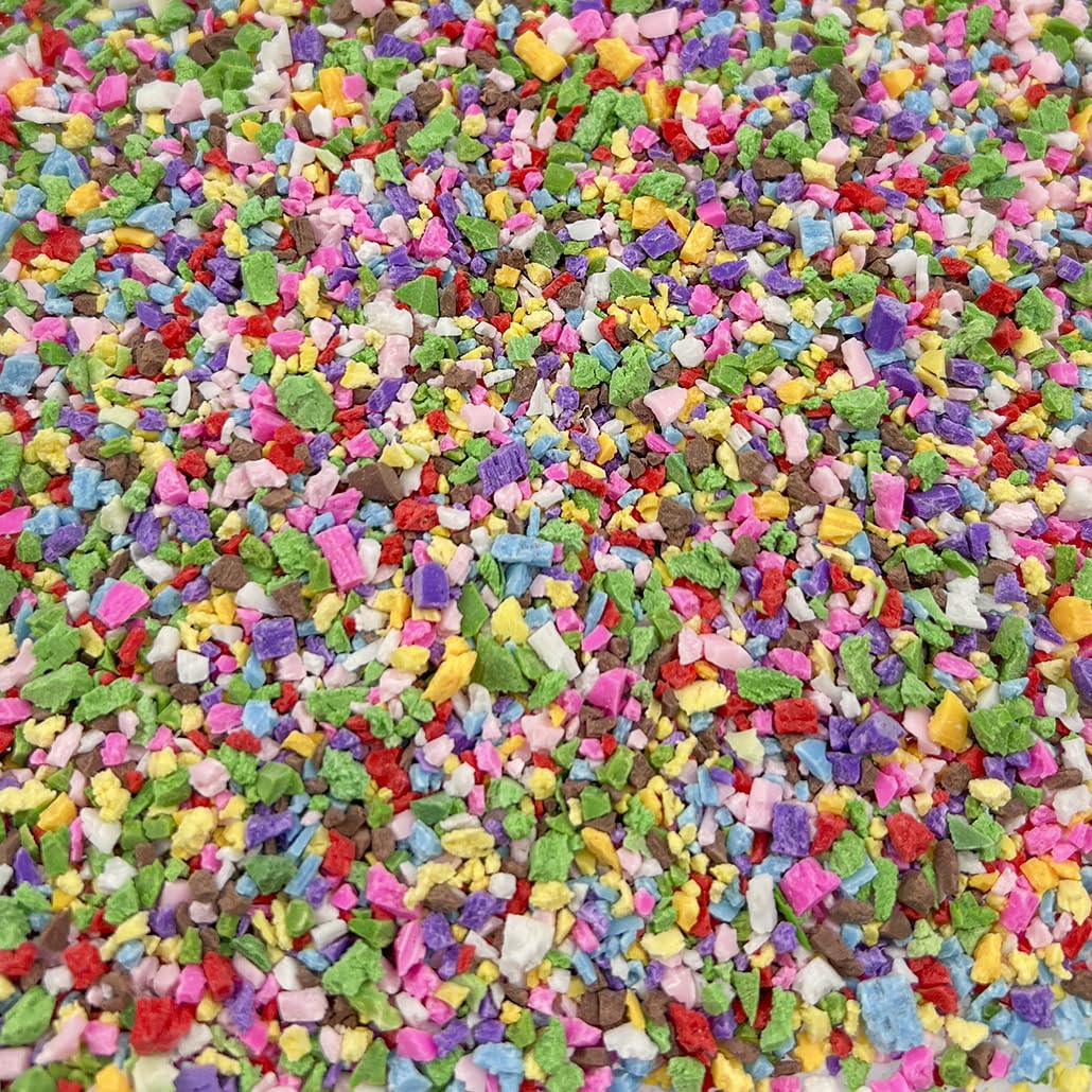 Close up of 13-mixed colorful irregular polymer clay slices