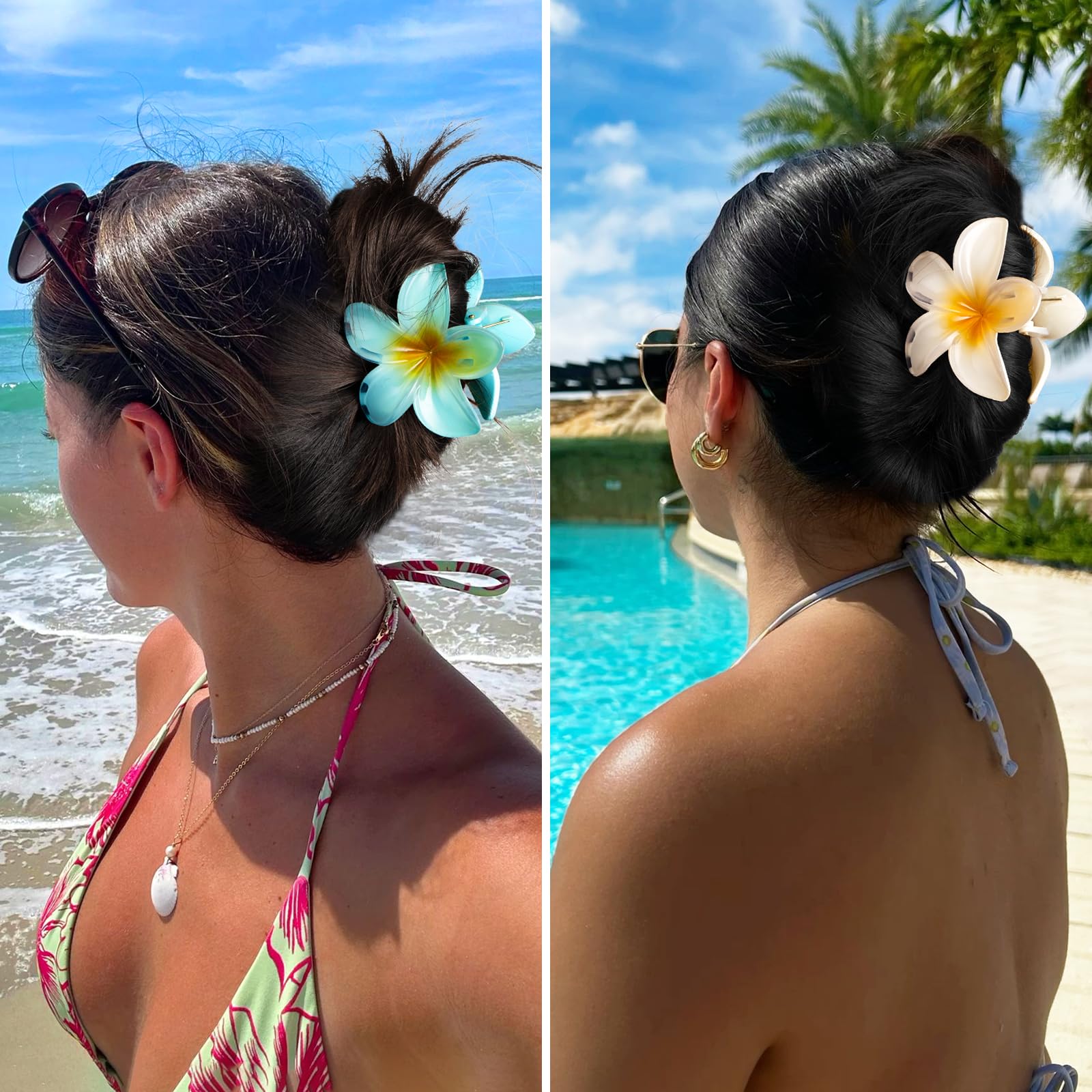 Close up of Prityka Hawaiian hibiscus hair clips with matte finish