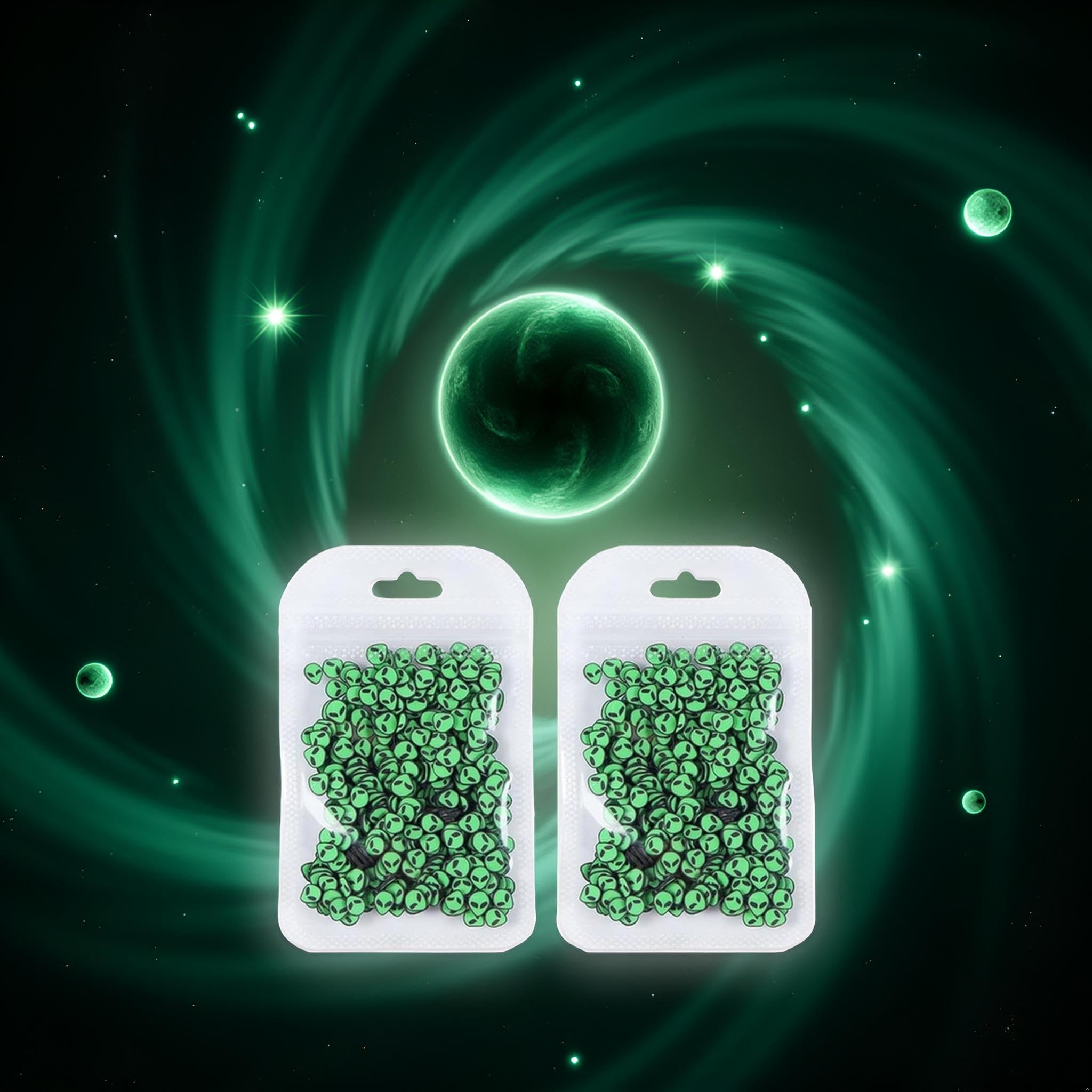 Green alien polymer clay slices arranged for manicure decoration
