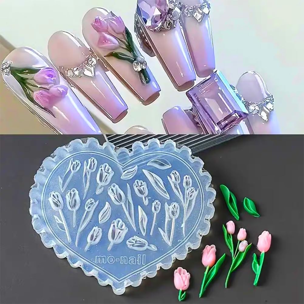 Close up of heart shaped tulip flower nail stencil mold