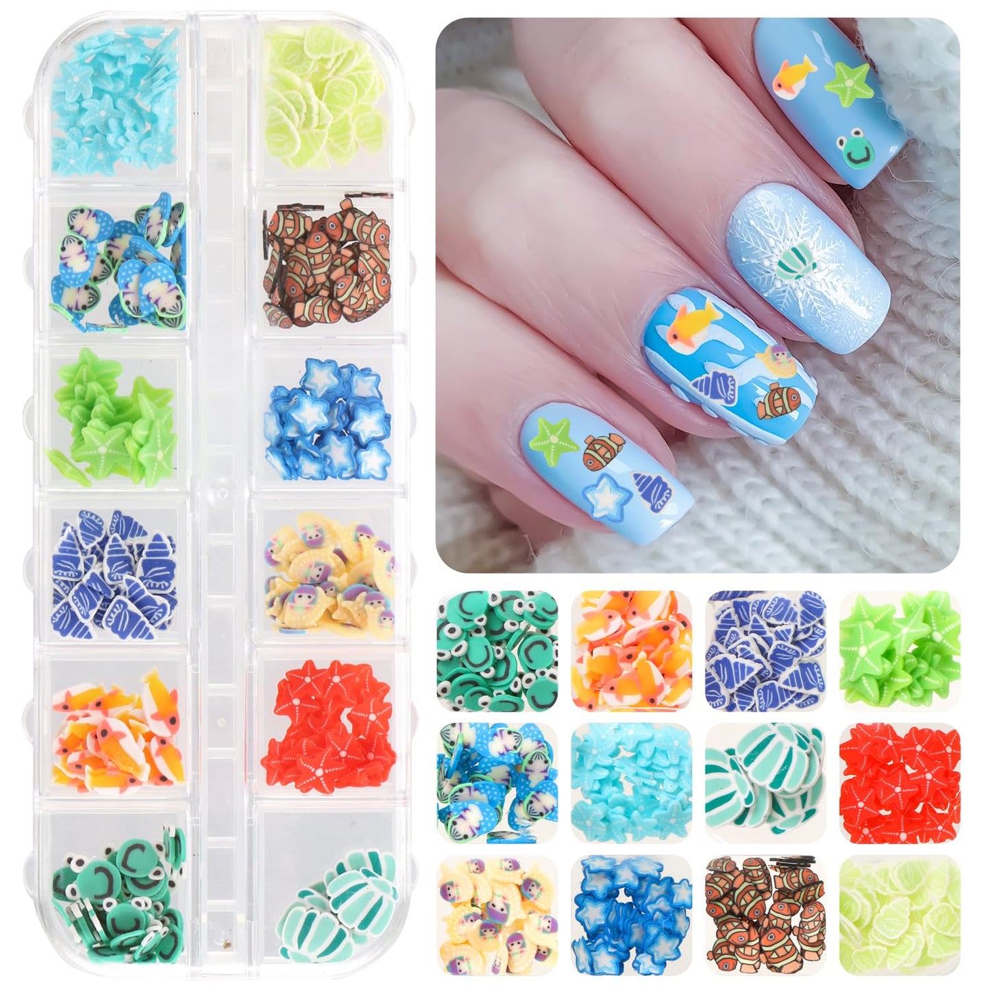 Three storage boxes of mixed ocean polymer clay nail decorations