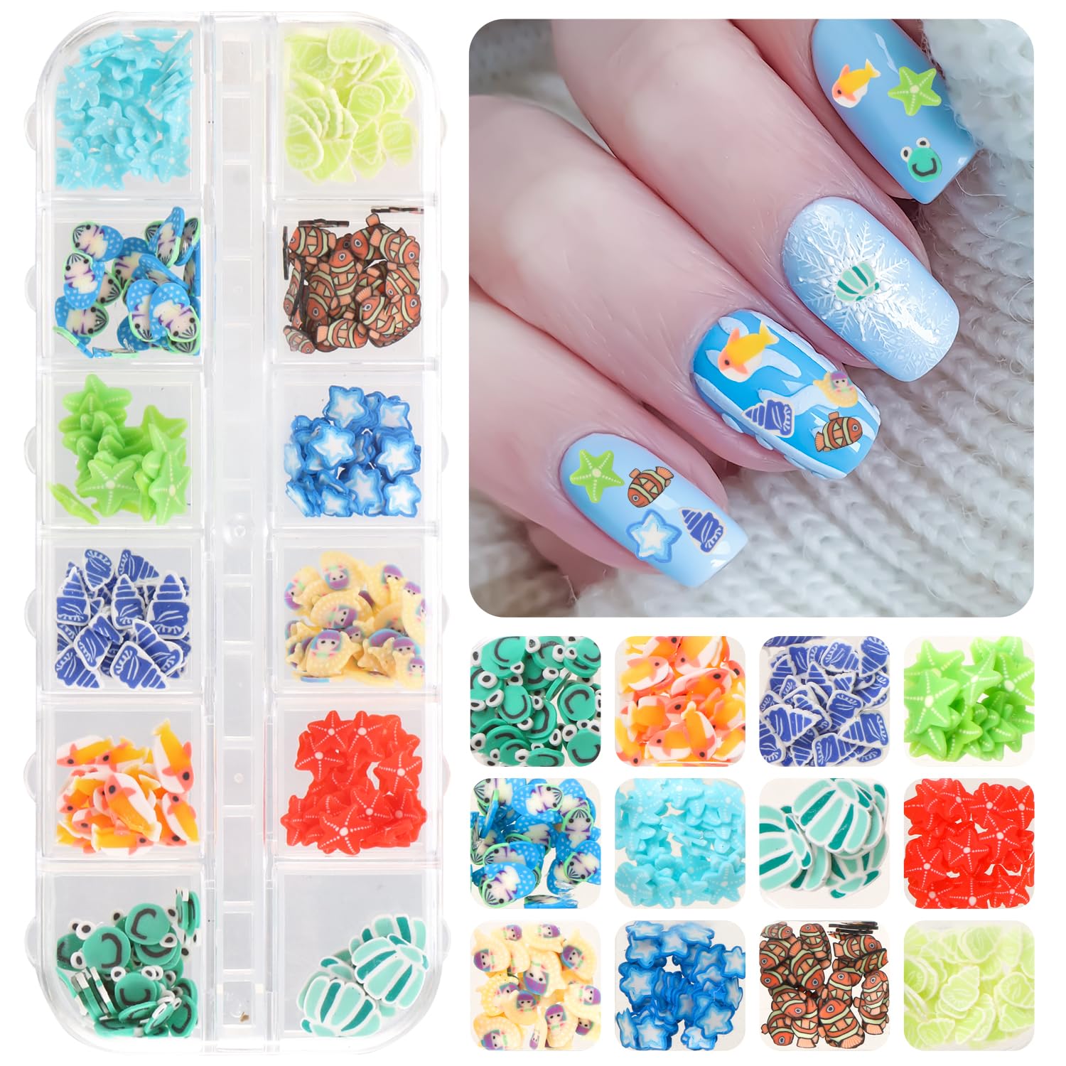 Three storage boxes of mixed ocean polymer clay nail decorations