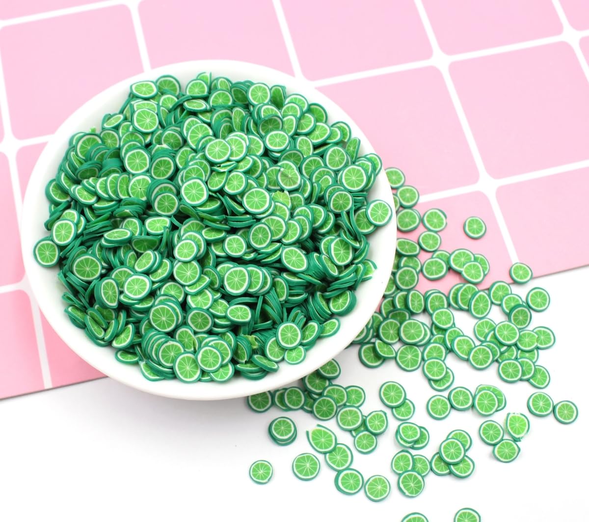Close up of colorful polymer clay lime fruit slices