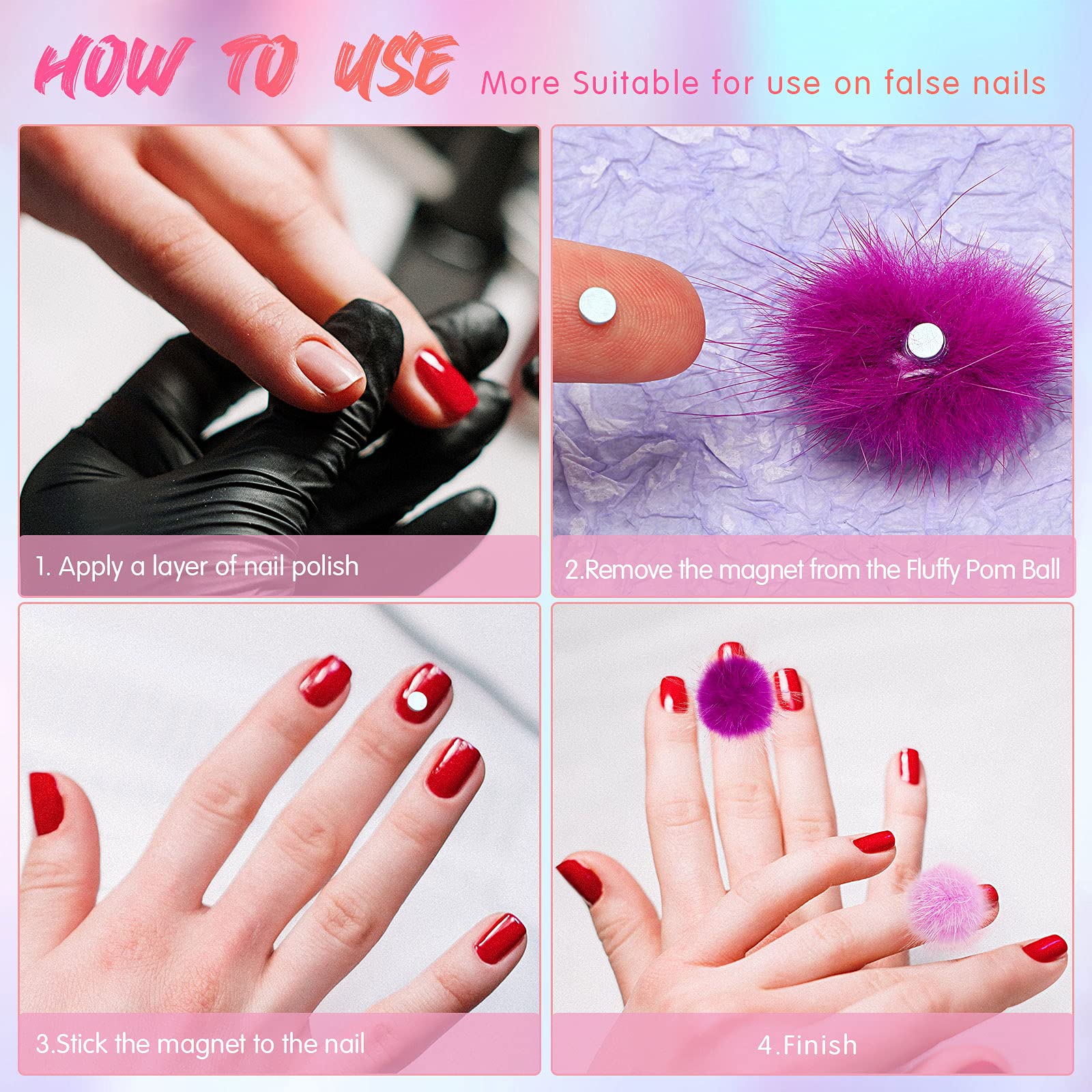 Zhehao removable manicure pom balls arranged neatly by pairs in 15 different color options.
