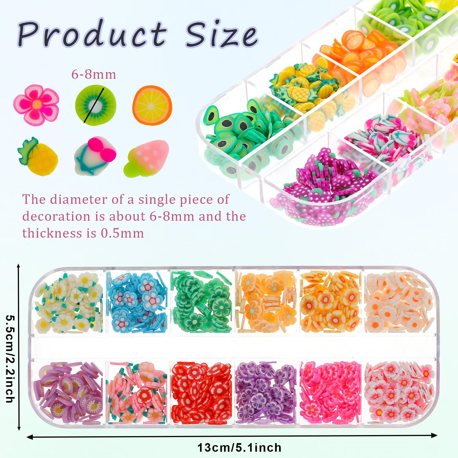 Close up of colorful 3D fruit and flower nail art slices