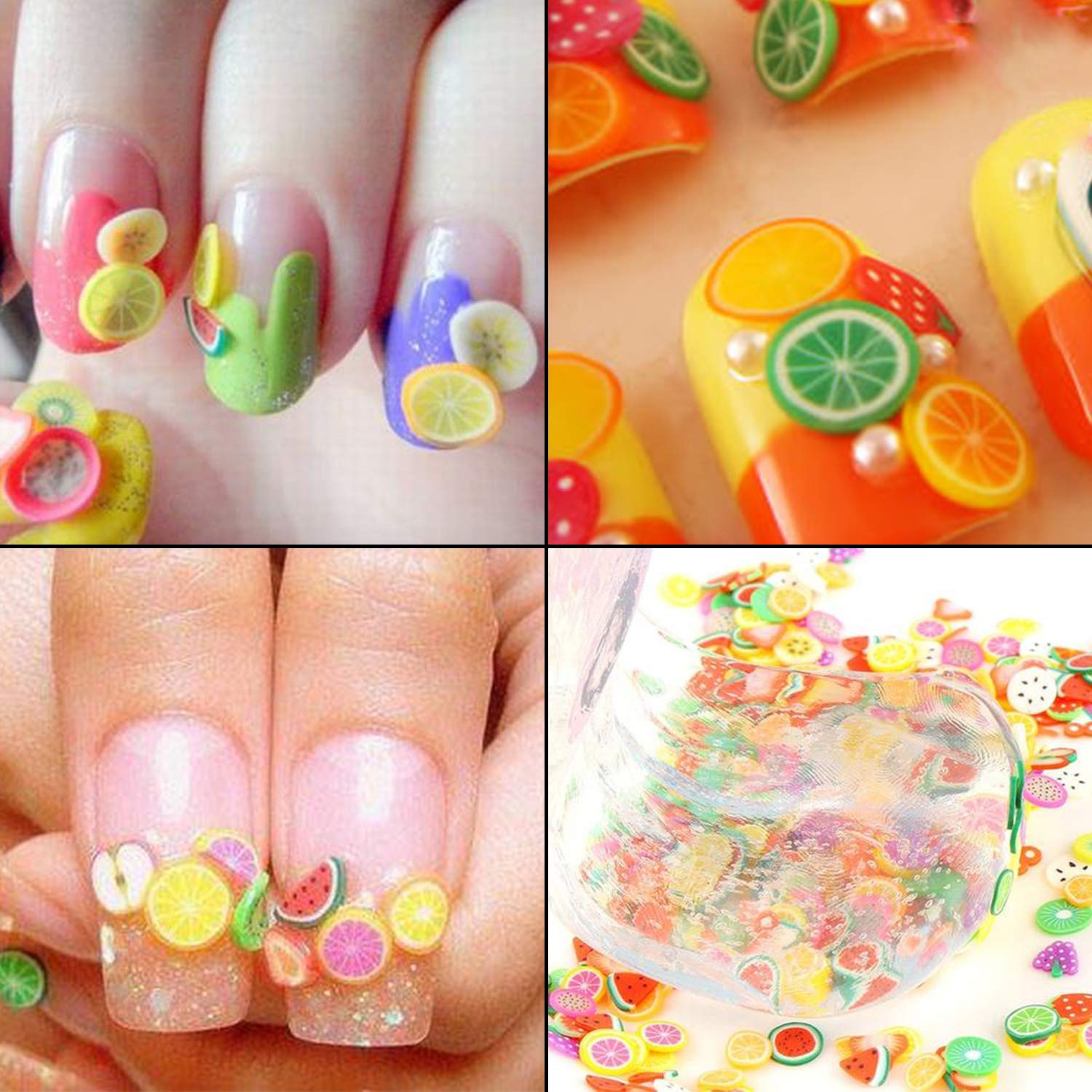 Translucent plastic storage container showing neatly sorted varieties of mini summer fruit crafting embellishments