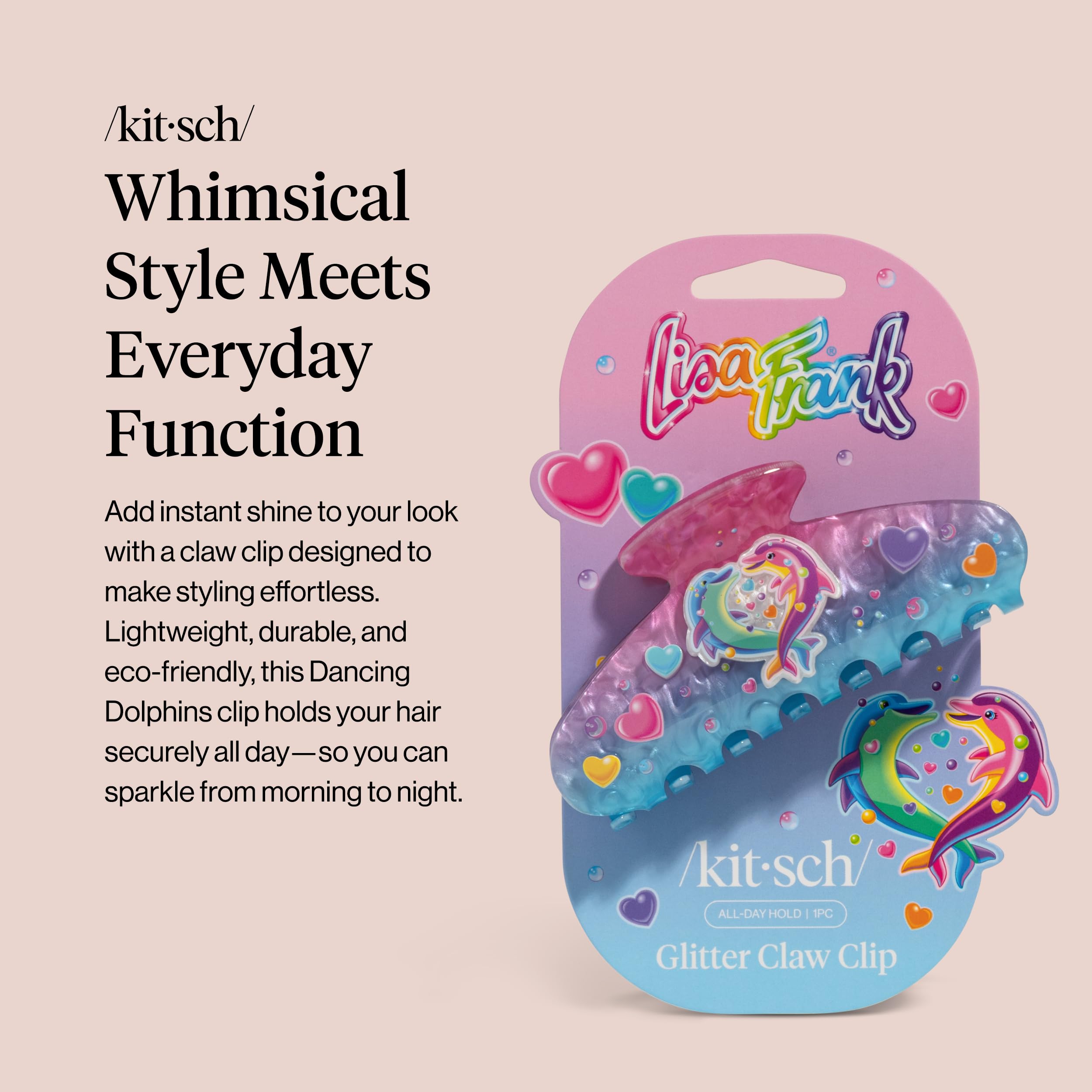 Side profile of the sparkly Kitsch dolphin hair clip highlighting the strong premium grip teeth