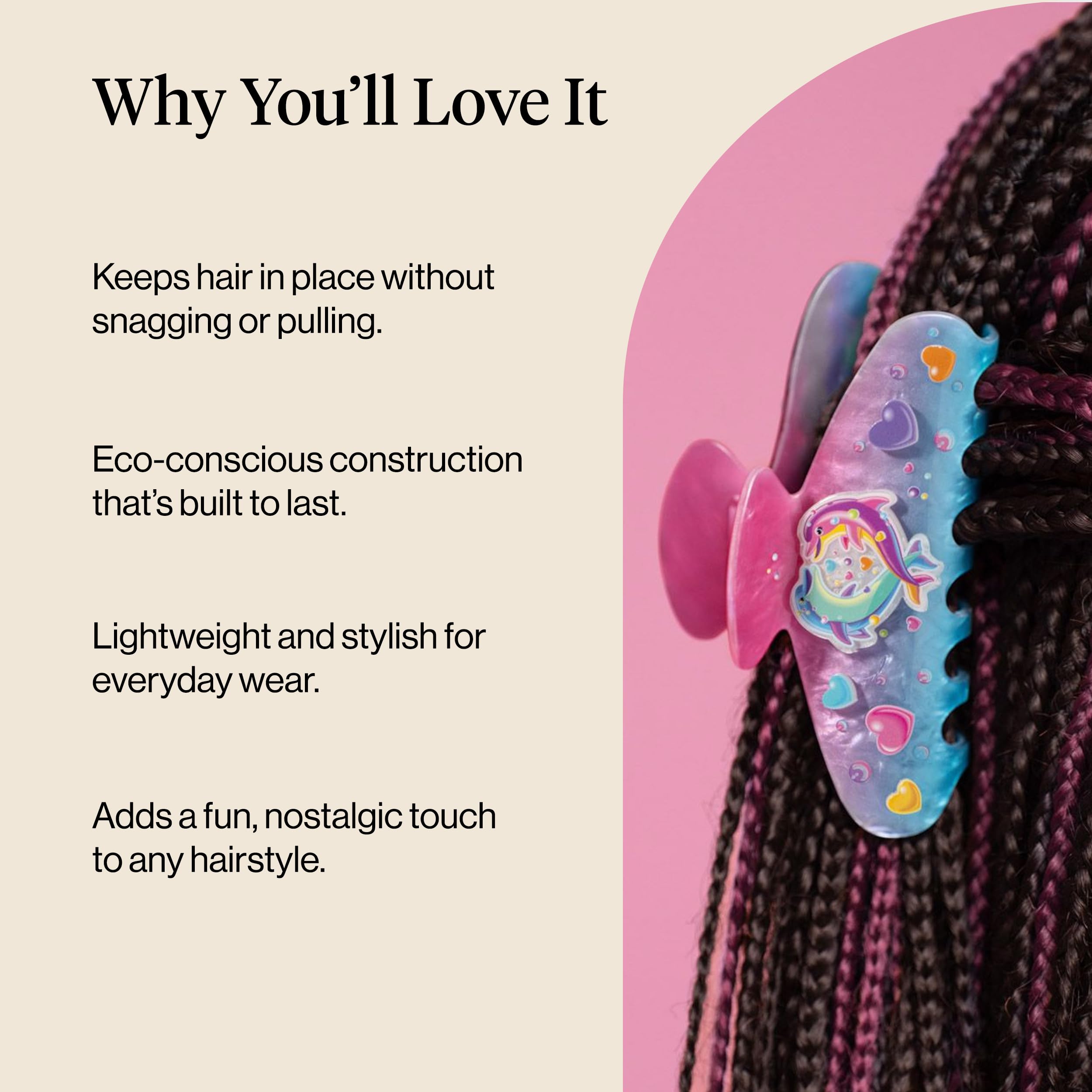 Back view of the recycled acrylic hair accessory showcasing the durable heavy duty spring mechanism