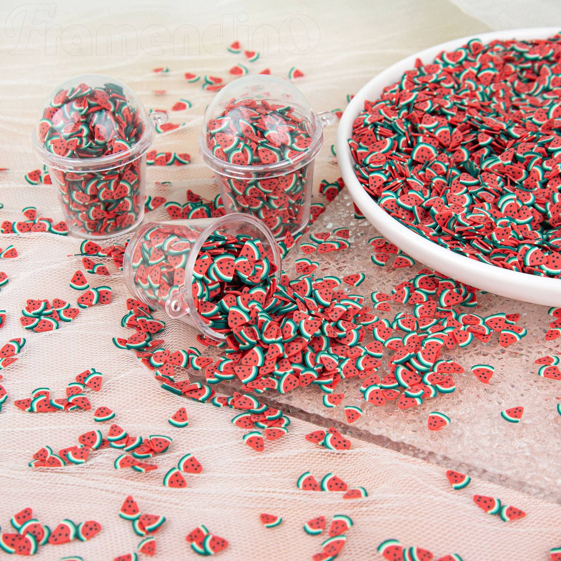 Framendino 100g resin flatbacks watermelon charms scattered on surface