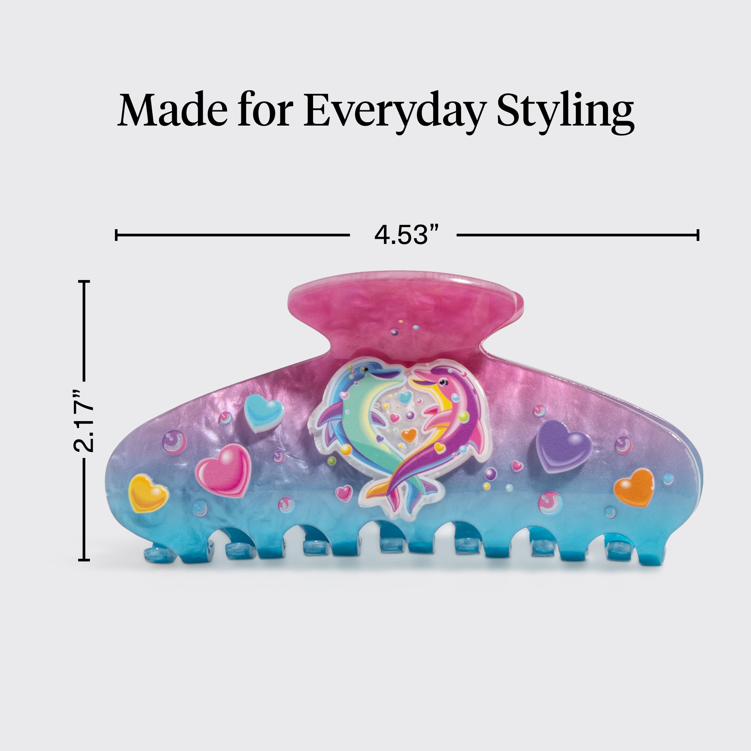 Model styling thick hair with the shimmering pink and blue Lisa Frank hair accessory