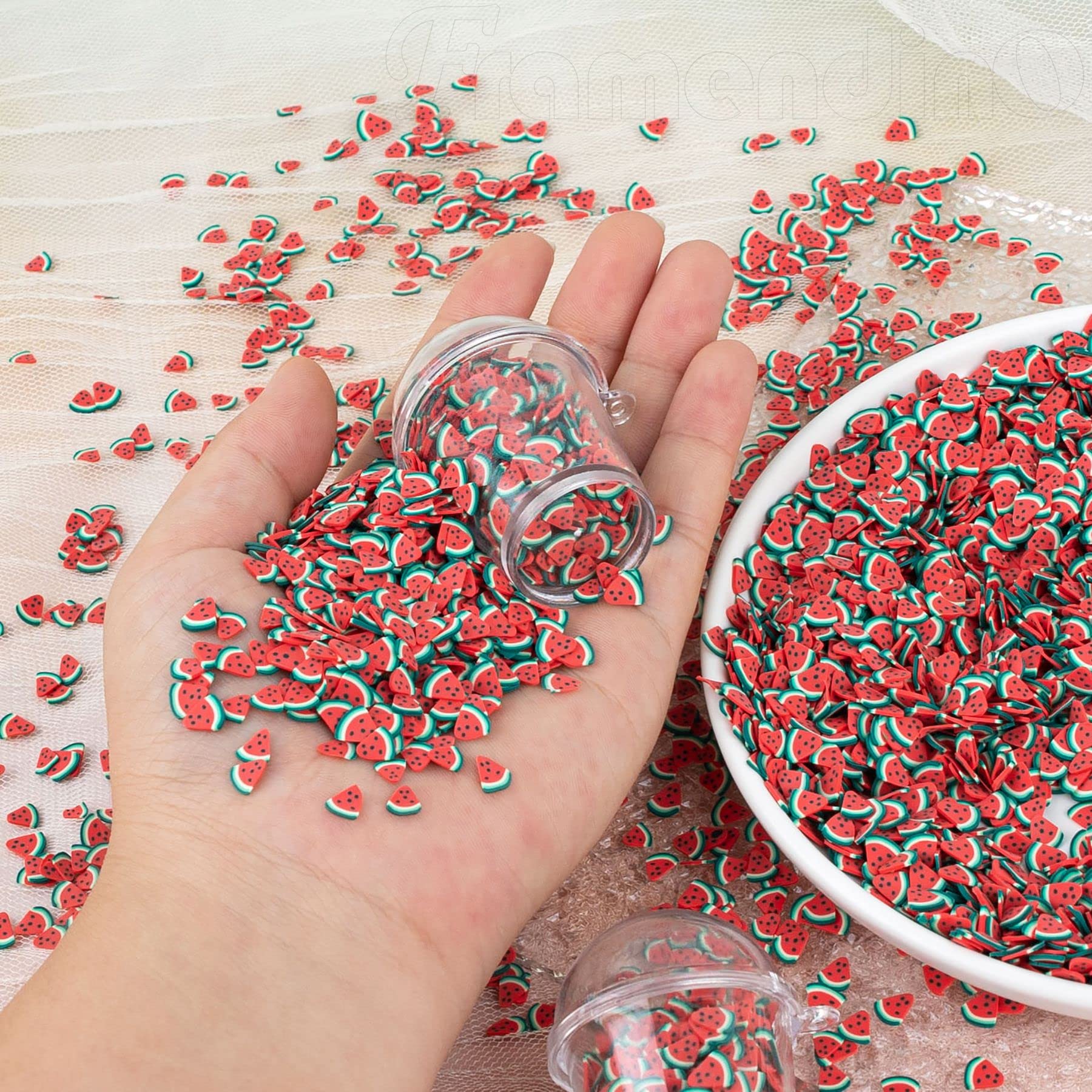 Framendino polymer clay charms showing exact size measurement next to coin