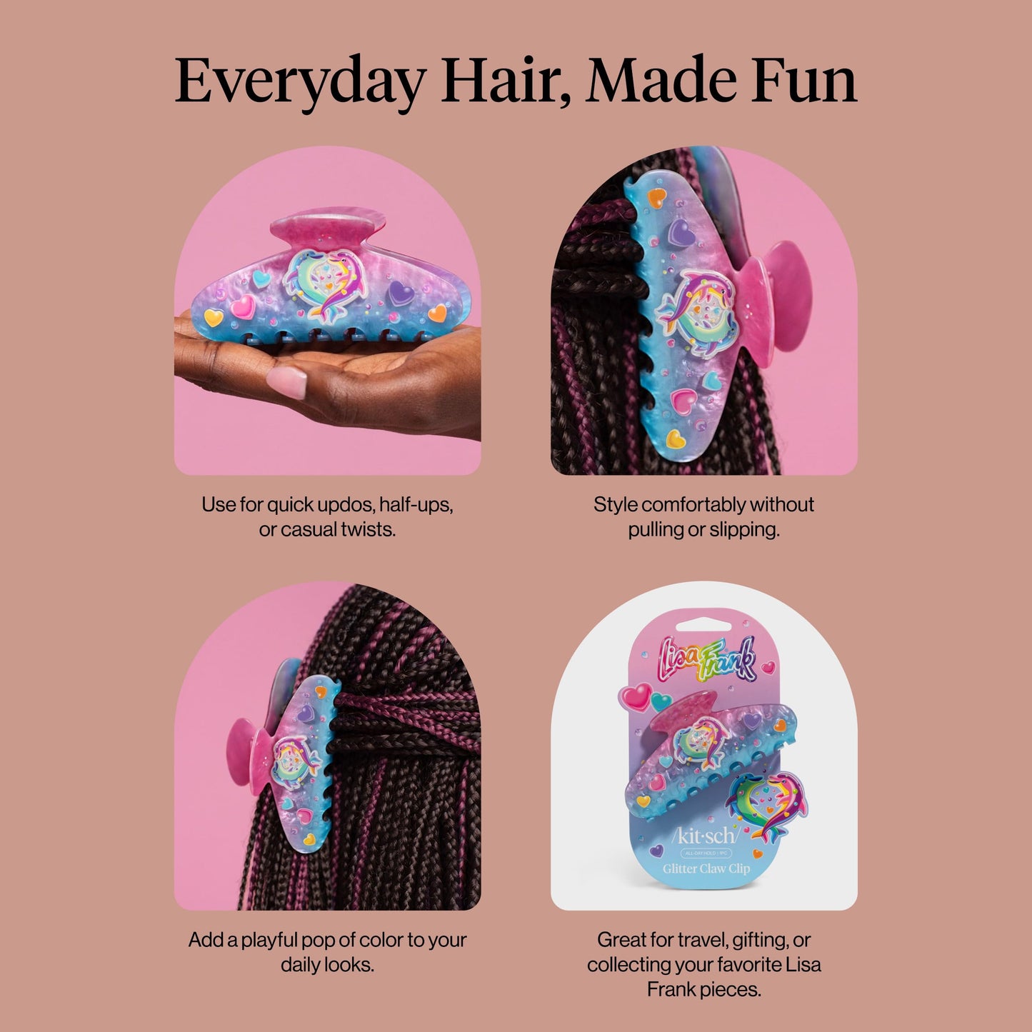 Top view of the whimsical dolphin shaped sparkly hair claw clip on a clean background