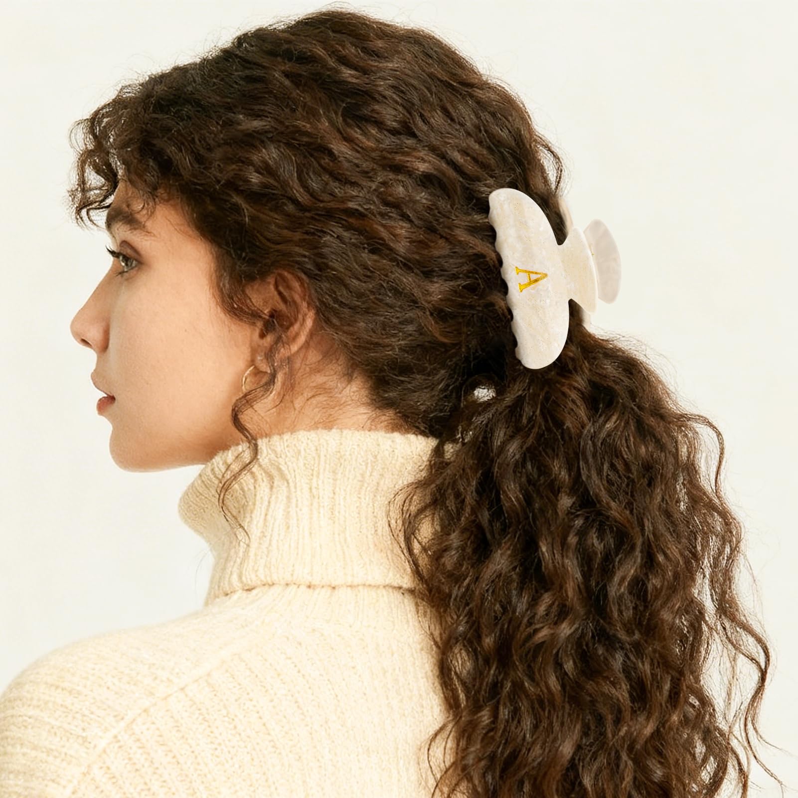 Fycert personalized hair accessory side view showing large white marble patterned acrylic clamp
