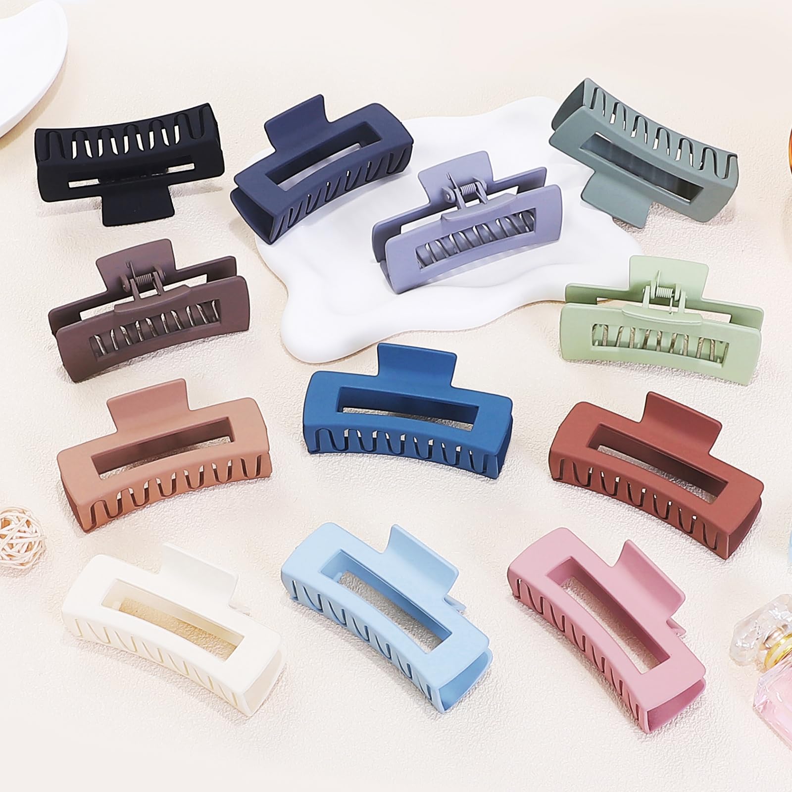 Collection of 12 colorful matte hair claw clips for thick hair