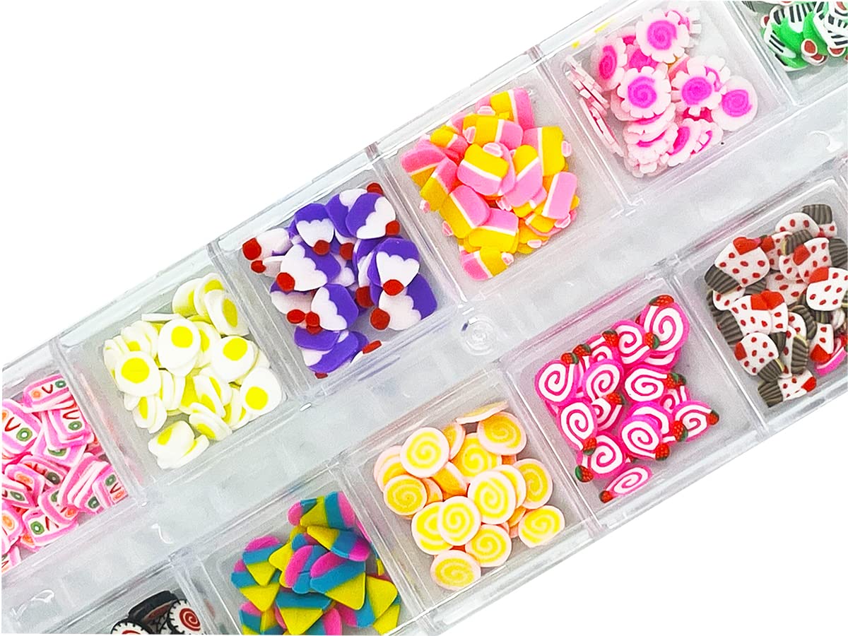 Close up of colorful miniature cake mixed fimo slices for resin crafts and slime decoration