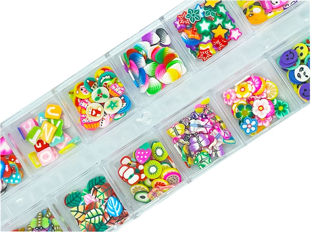 Assorted flower and candy shaped 3D clay charms arranged inside clear plastic storage compartments
