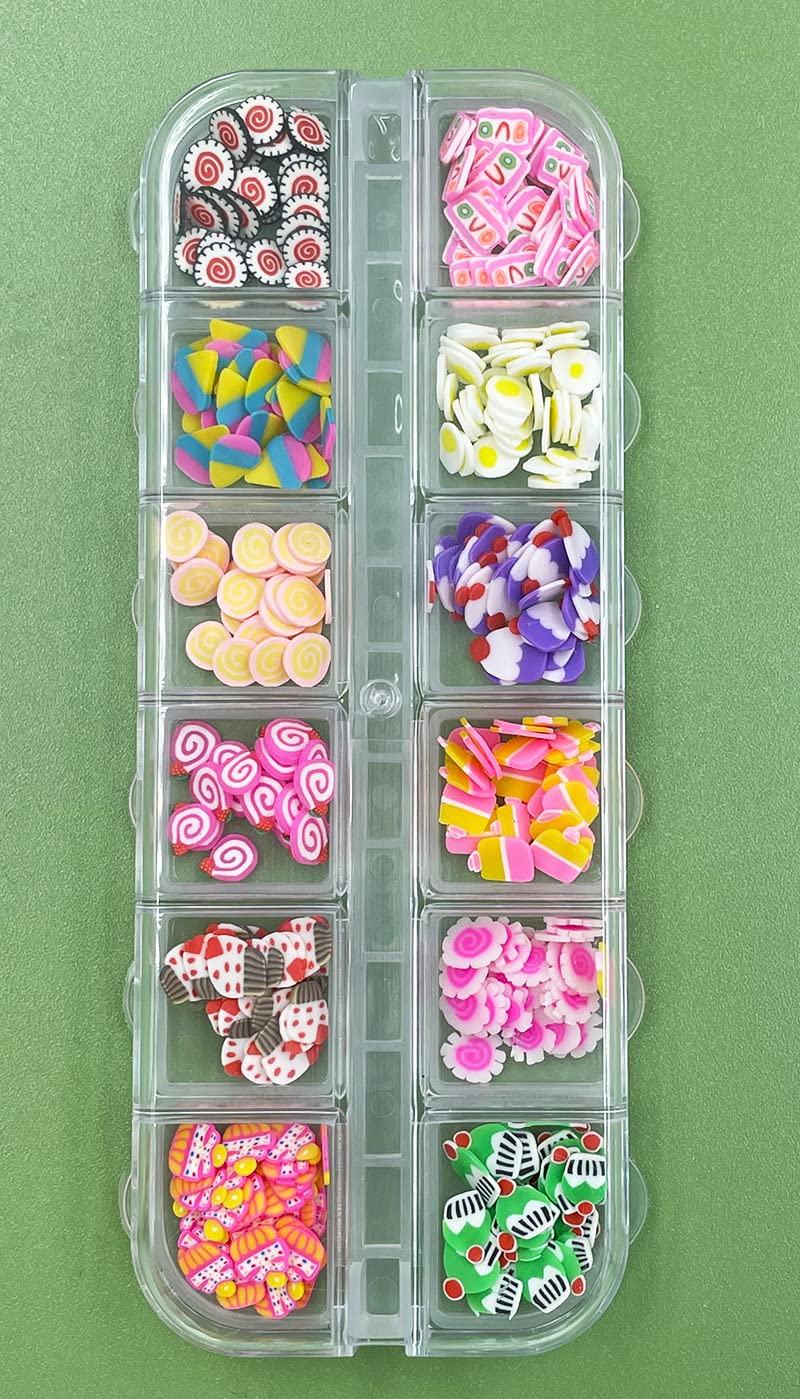 Detailed view of imported soft clay nail decorations showcasing diverse summer fruit patterns