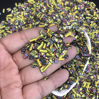 Fifty gram packaging bag of PrettyG school series fimo slices showing the vibrant colors and flexible clay material.