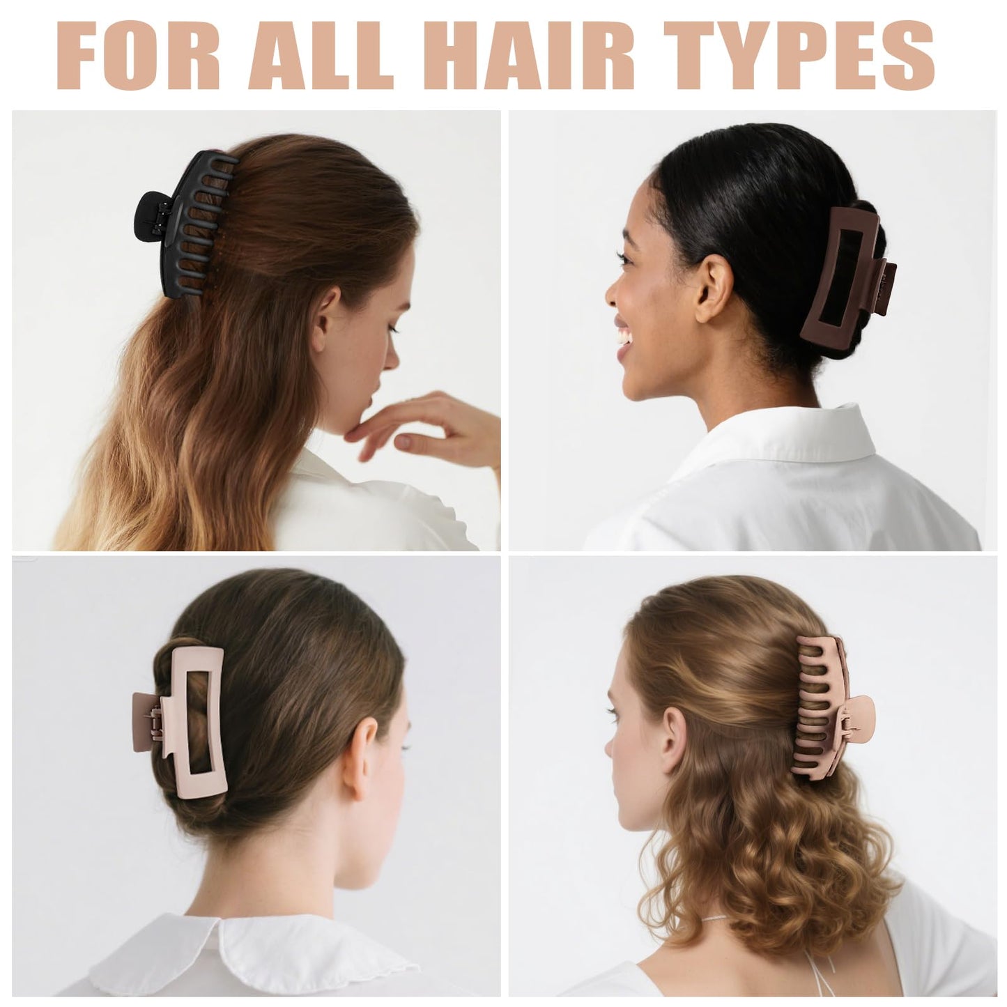 Top view of eight assorted neutral matte hair claw clips