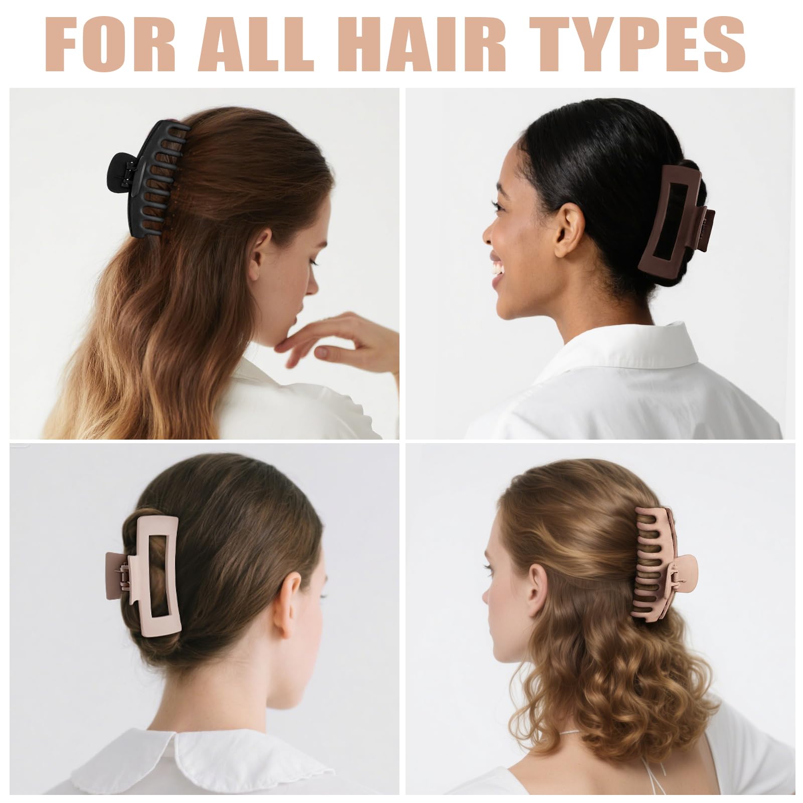 Top view of eight assorted neutral matte hair claw clips