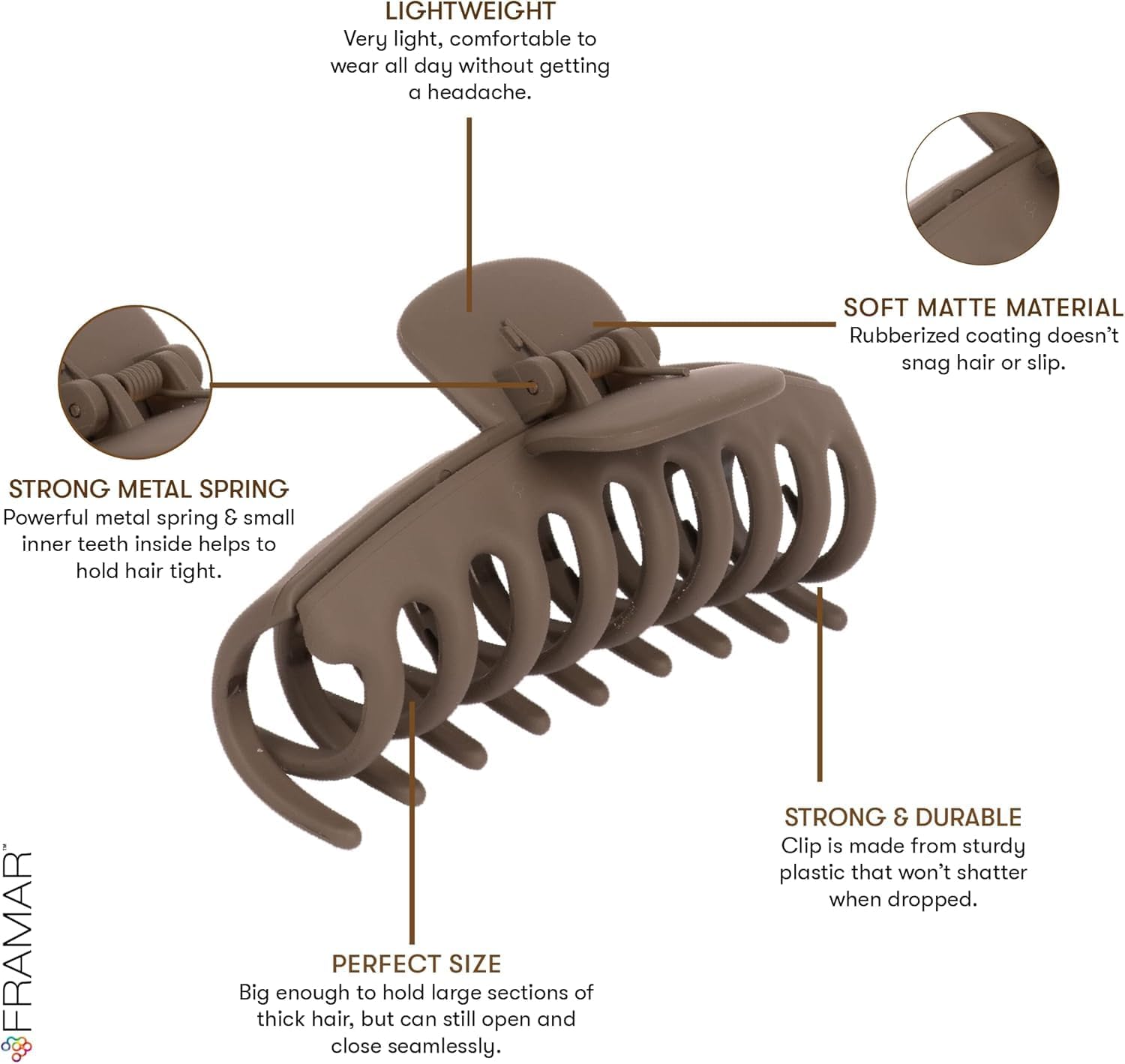 Framar hair claw clips showing matte finish and size