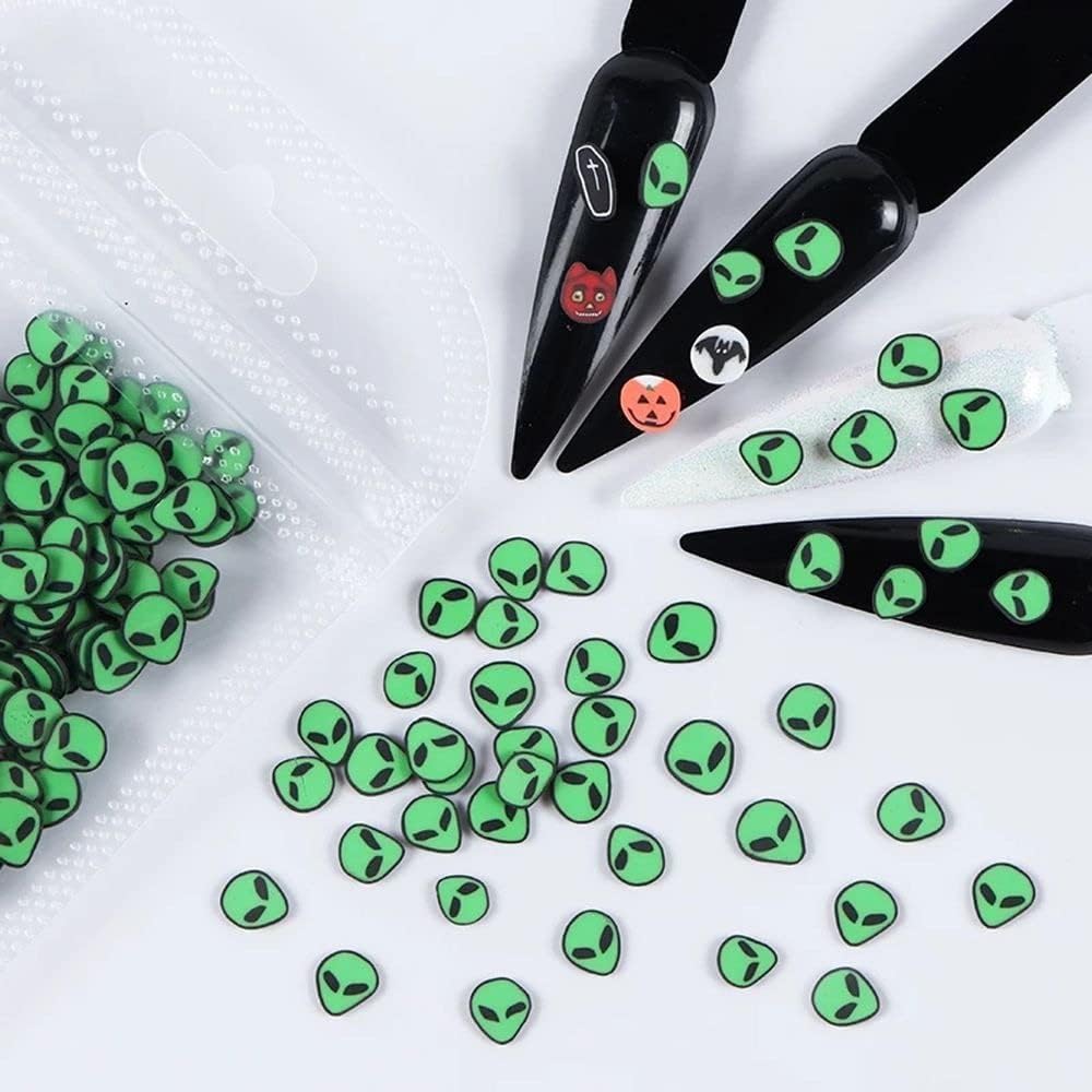 Soft polymer clay green alien charms for Halloween nail art