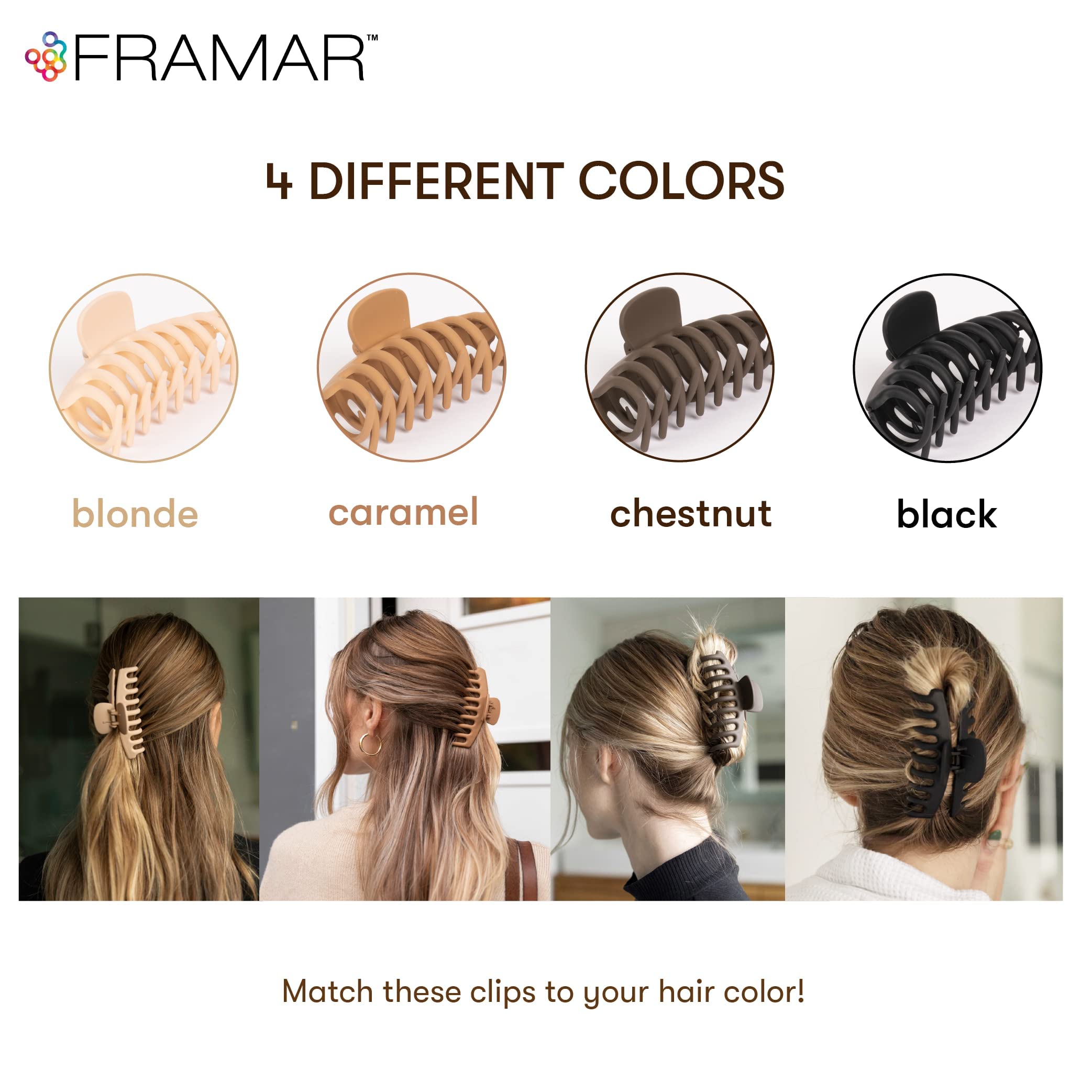 Detailed close up of Framar neutral matte claw clips