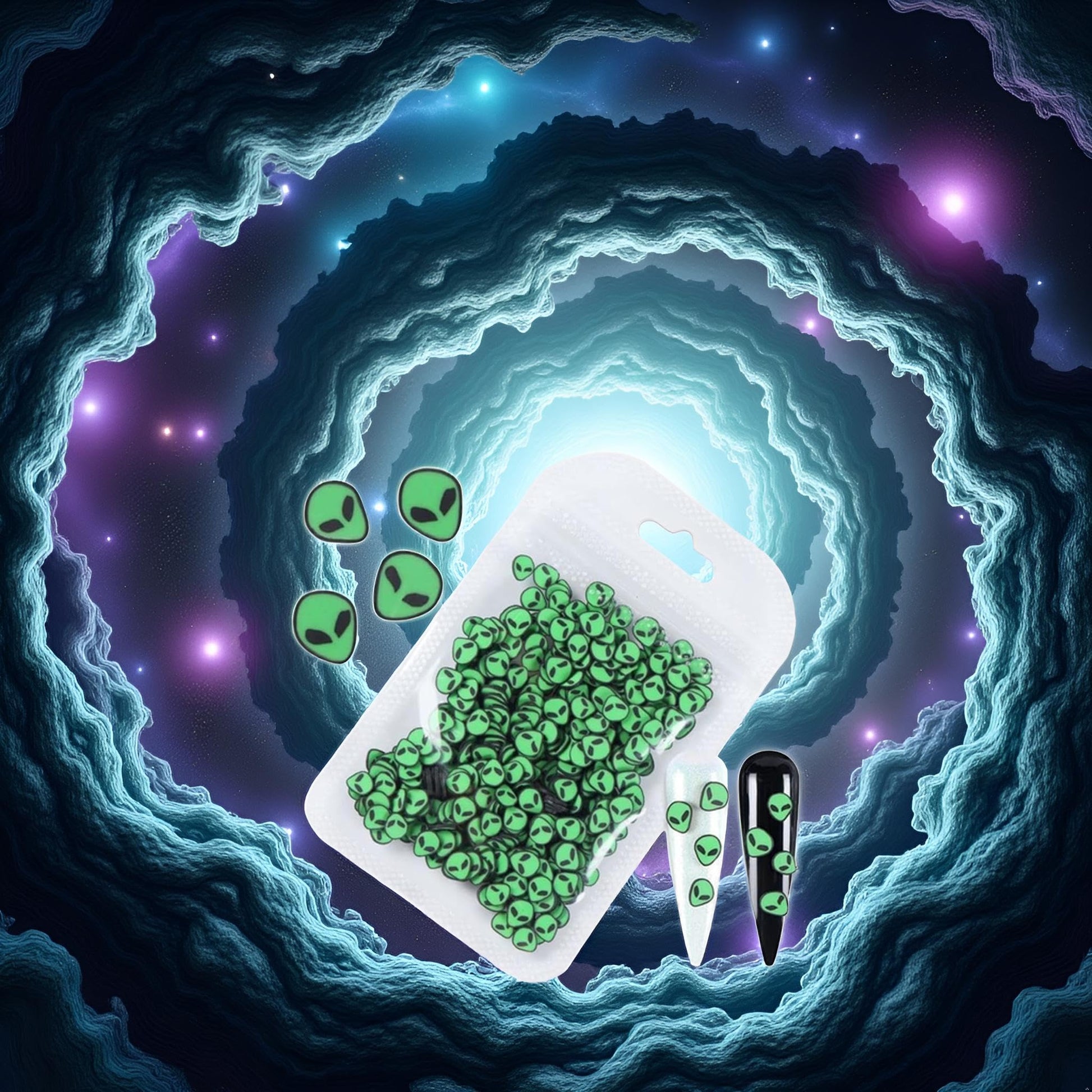 Detailed view of extraterrestrial nail accessories in pouch