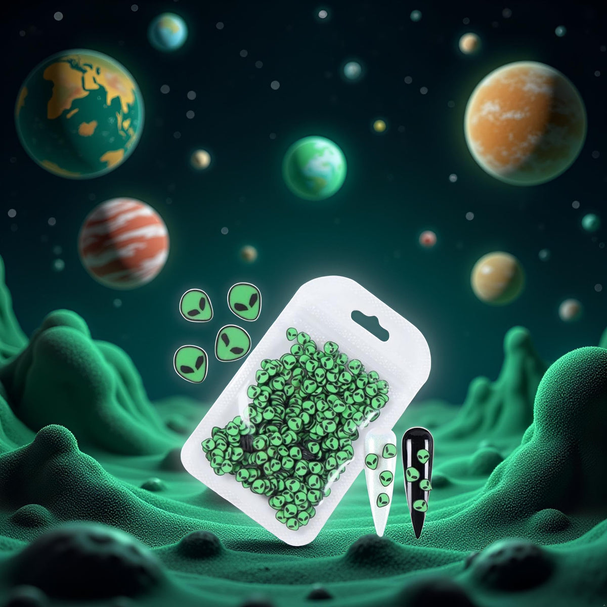 Assorted sizes of green alien nail art decoration accessories
