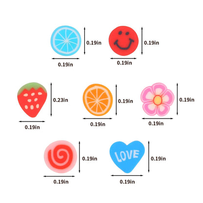 Vibrant assortment of miniature fimo clay slices spilled on a clean white surface