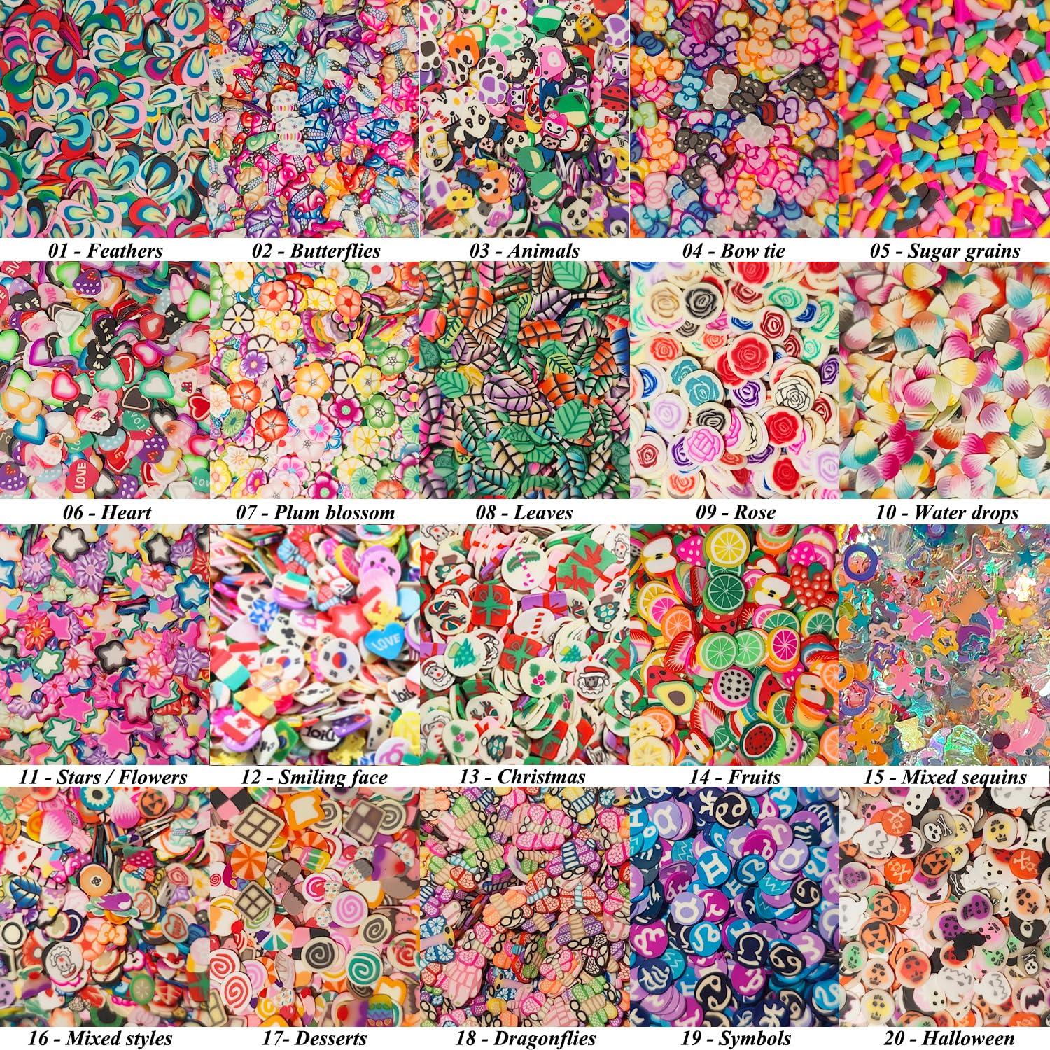 Close up view of individual five millimeter 3D polymer clay shapes scattered on a workspace for DIY resin crafts.