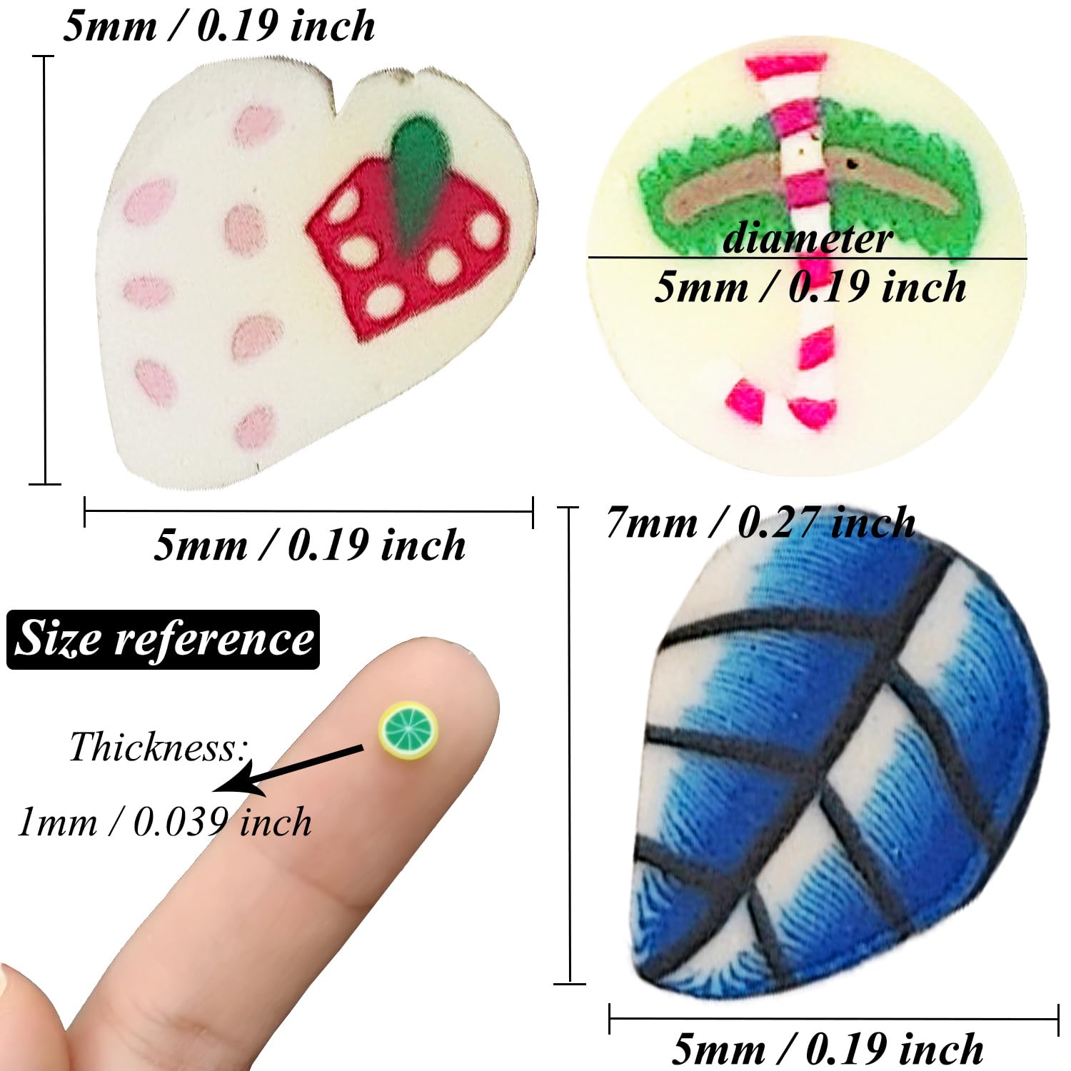 Vibrant mixed theme polymer clay slices applied professionally onto a fresh salon manicure.