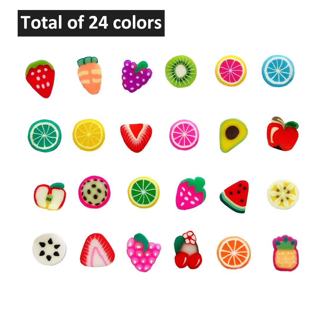 Vibrant miniature polymer clay fruit discs in strawberry kiwi and watermelon designs for manicures