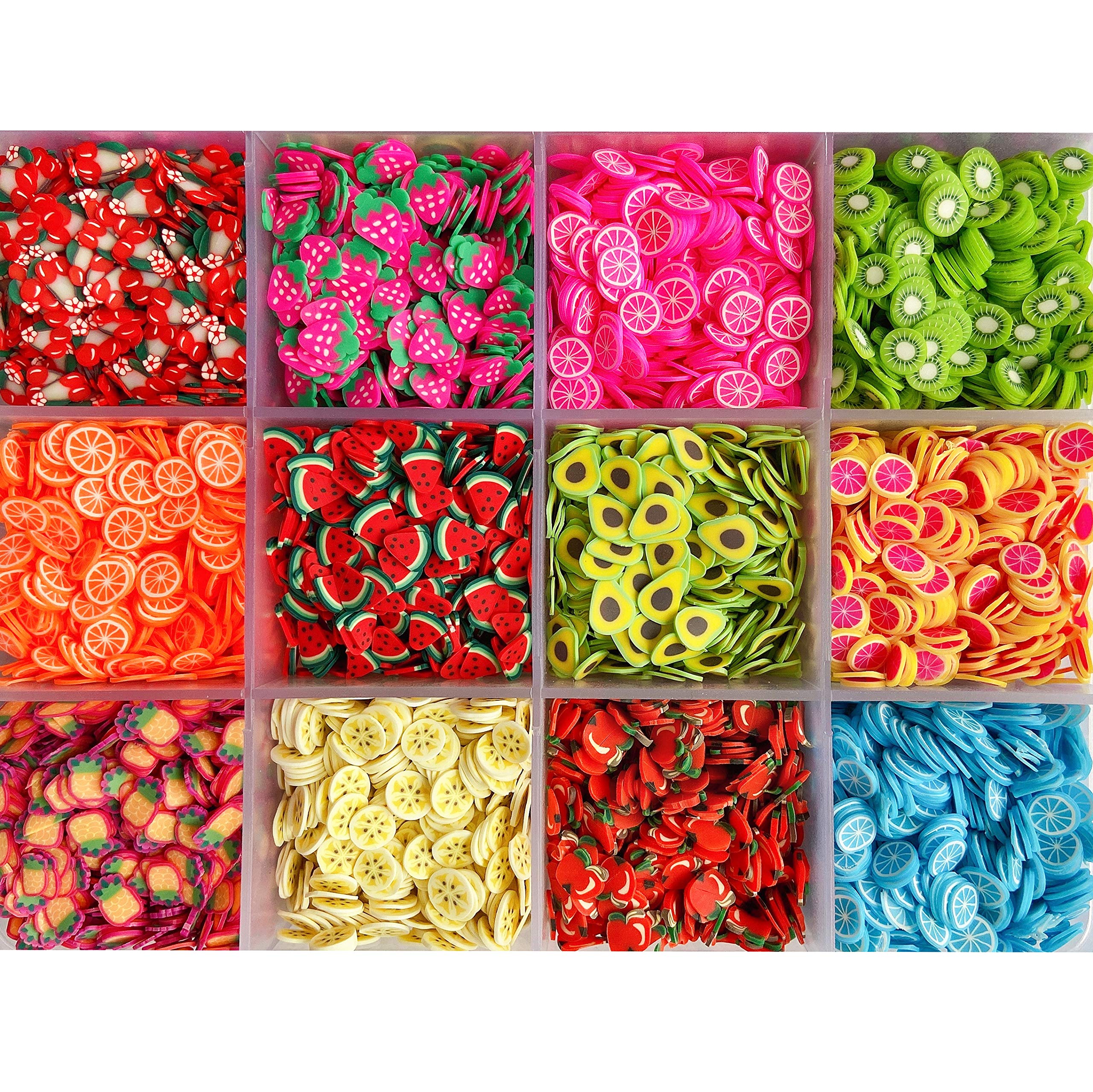 Close up view of five millimeter soft clay miniature fruit flakes for resin jewelry making projects