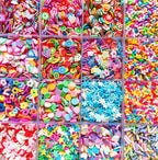 Close up of colorful fruit and flower polymer slices