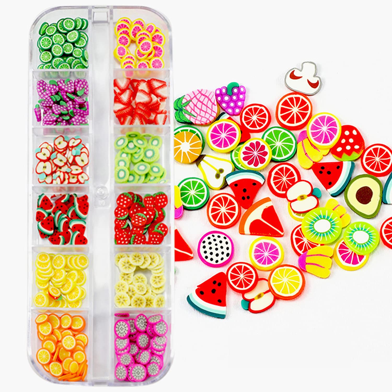 Twelve grid storage box containing assorted polymer clay strawberry and lemon shapes