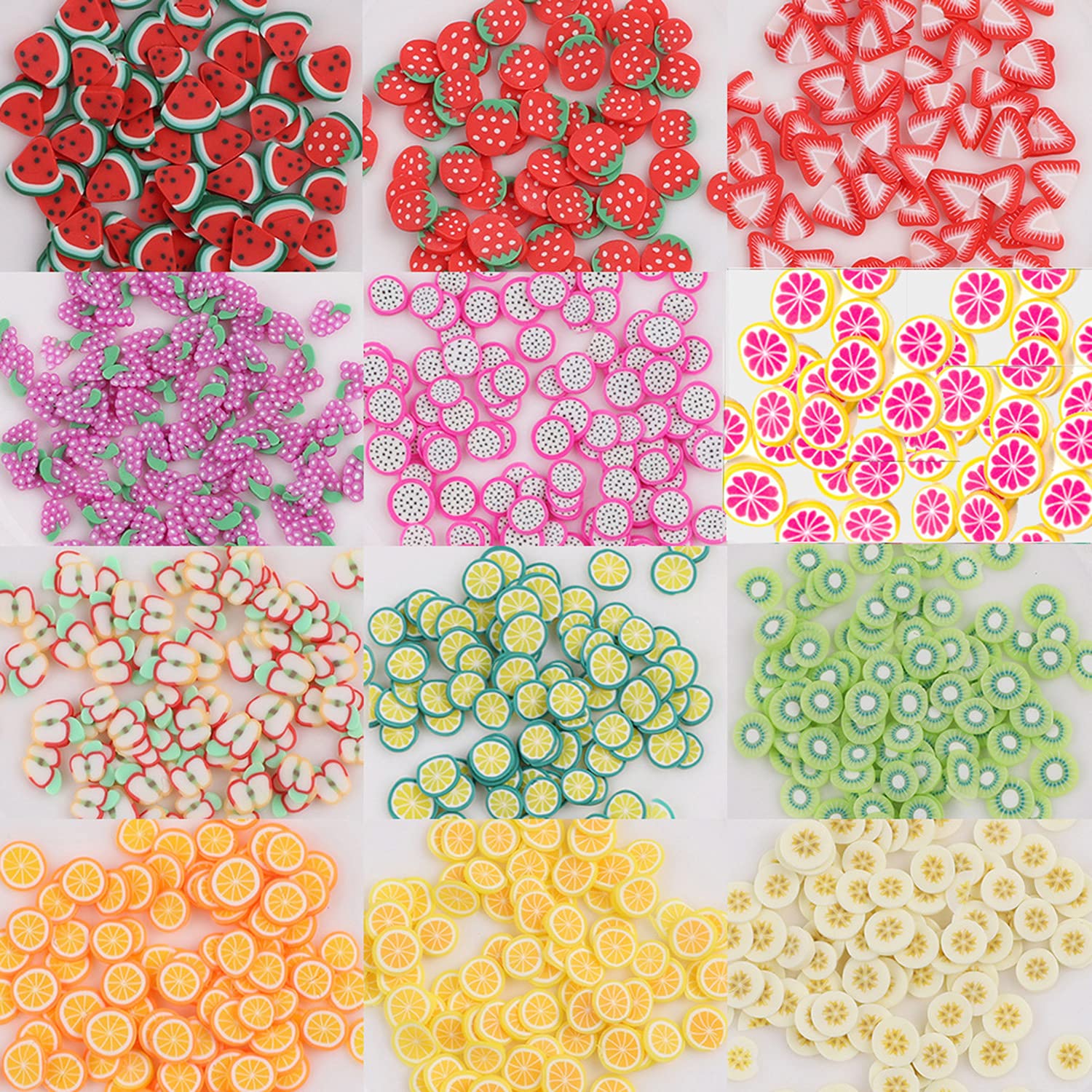 Brightly colored miniature fruit toppings mixed into clear crunchy slime supplies